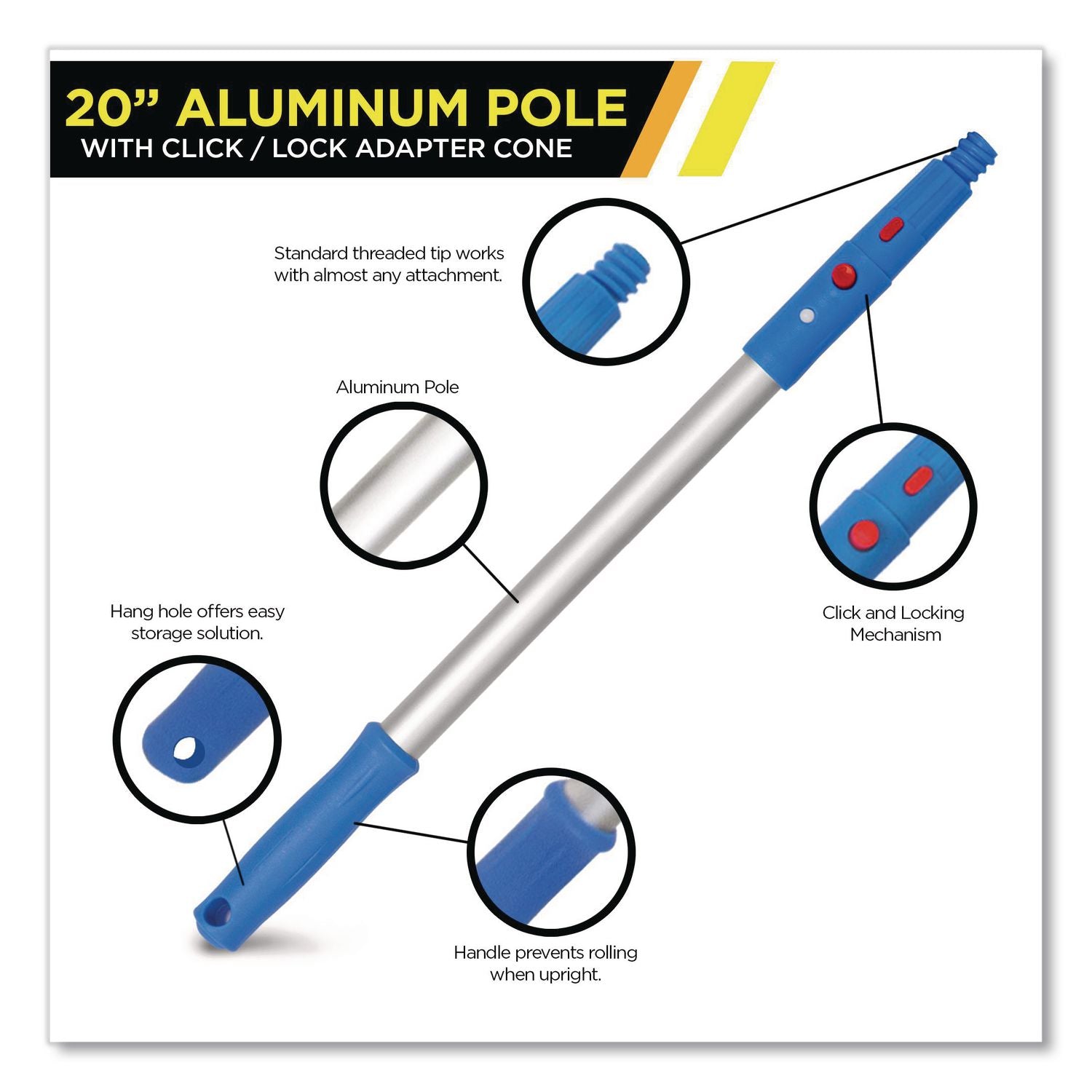 20" Aluminum Pole With Click/Lock Adapter Cone, Blue/Silver, 2/Pack