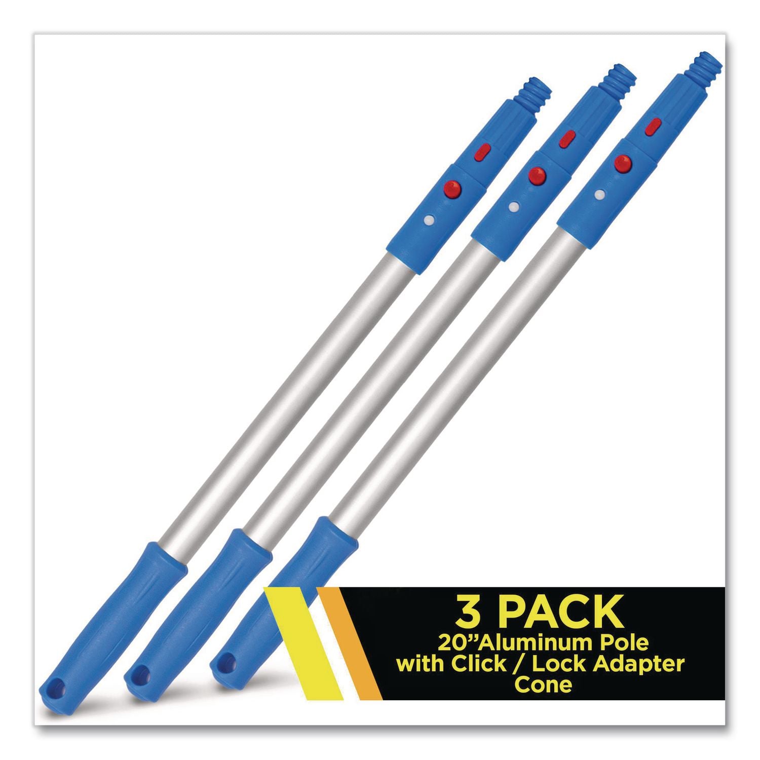 20" Aluminum Pole With Click/Lock Adapter Cone, Blue/Silver, 3/Pack