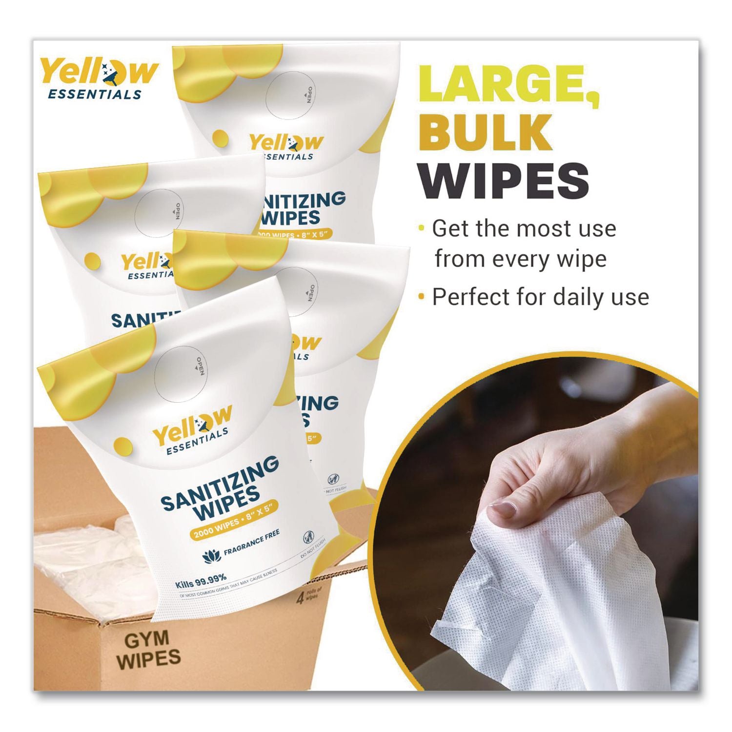 Yellow Essentials Sanitizing Wipes, 5 X 8, Unscented, White, 2, 000/Refill Bag, 4 Refill Bags/Carton