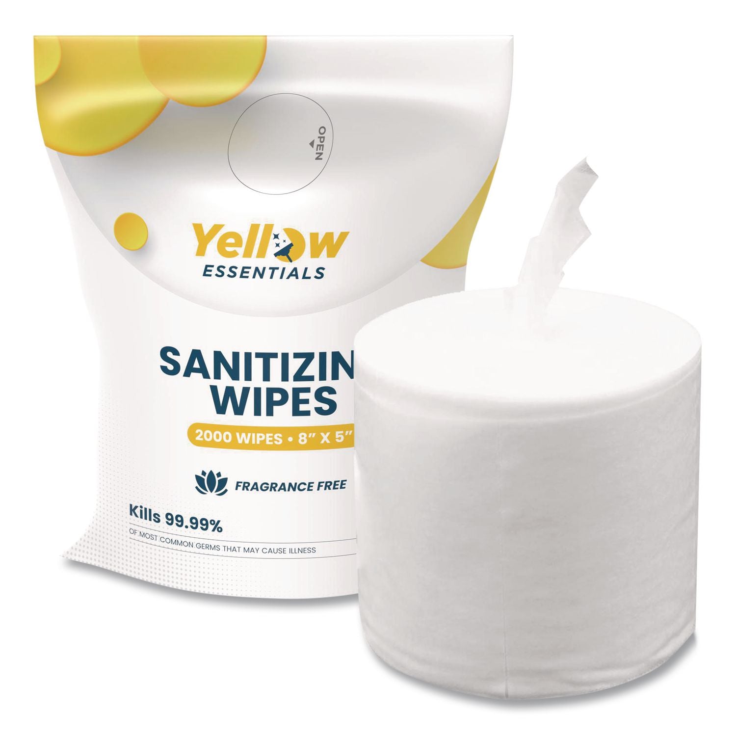 Yellow Essentials Sanitizing Wipes, 5 X 8, Unscented, White, 2, 000 Wipes