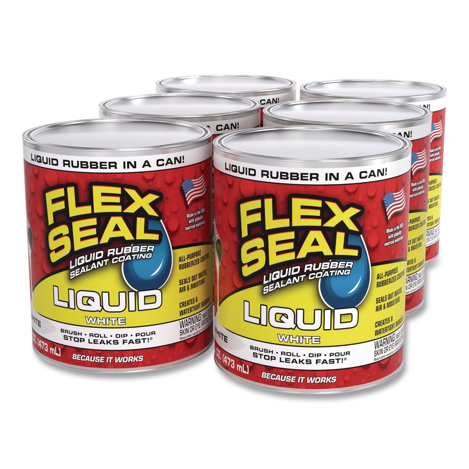 Flex Seal Liquid Rubber Sealant Coating Liquid, 16 Oz Can, Dries White, 6/Carton