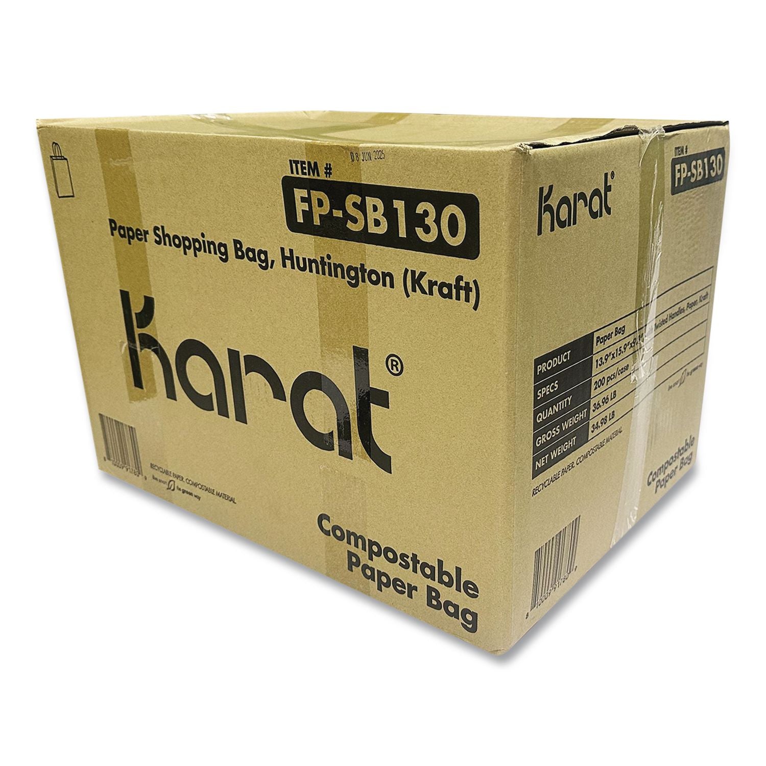 Huntington Paper Shopping Bag, Rope Handles, Large Size, 13.4 X 9.3 X 15.9, Kraft, 200/Carton