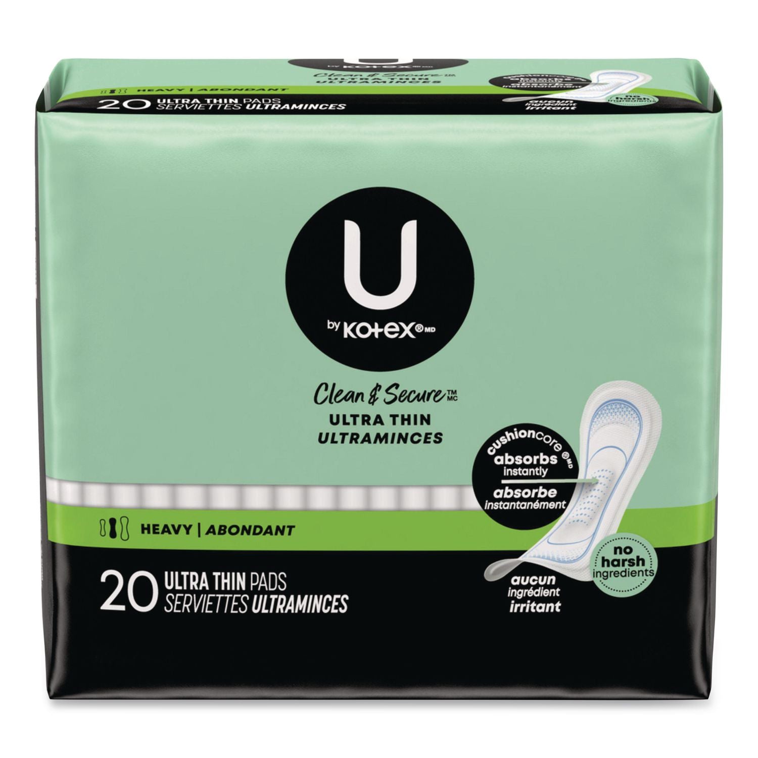 U By Kotex Security Ultra Thin Feminine Pads, Heavy Absorbency, 20/Pack, 8 Packs/Carton