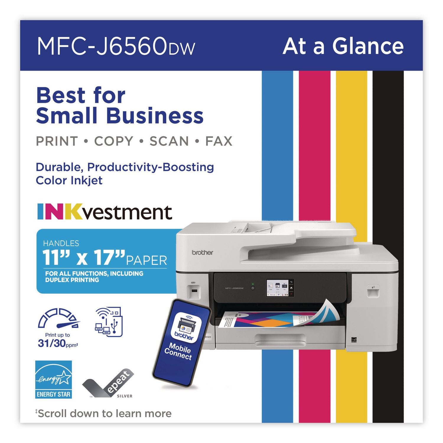 MFC-J6560DW Inkvestment AIO Printer, Copy/Fax/Print/Scan