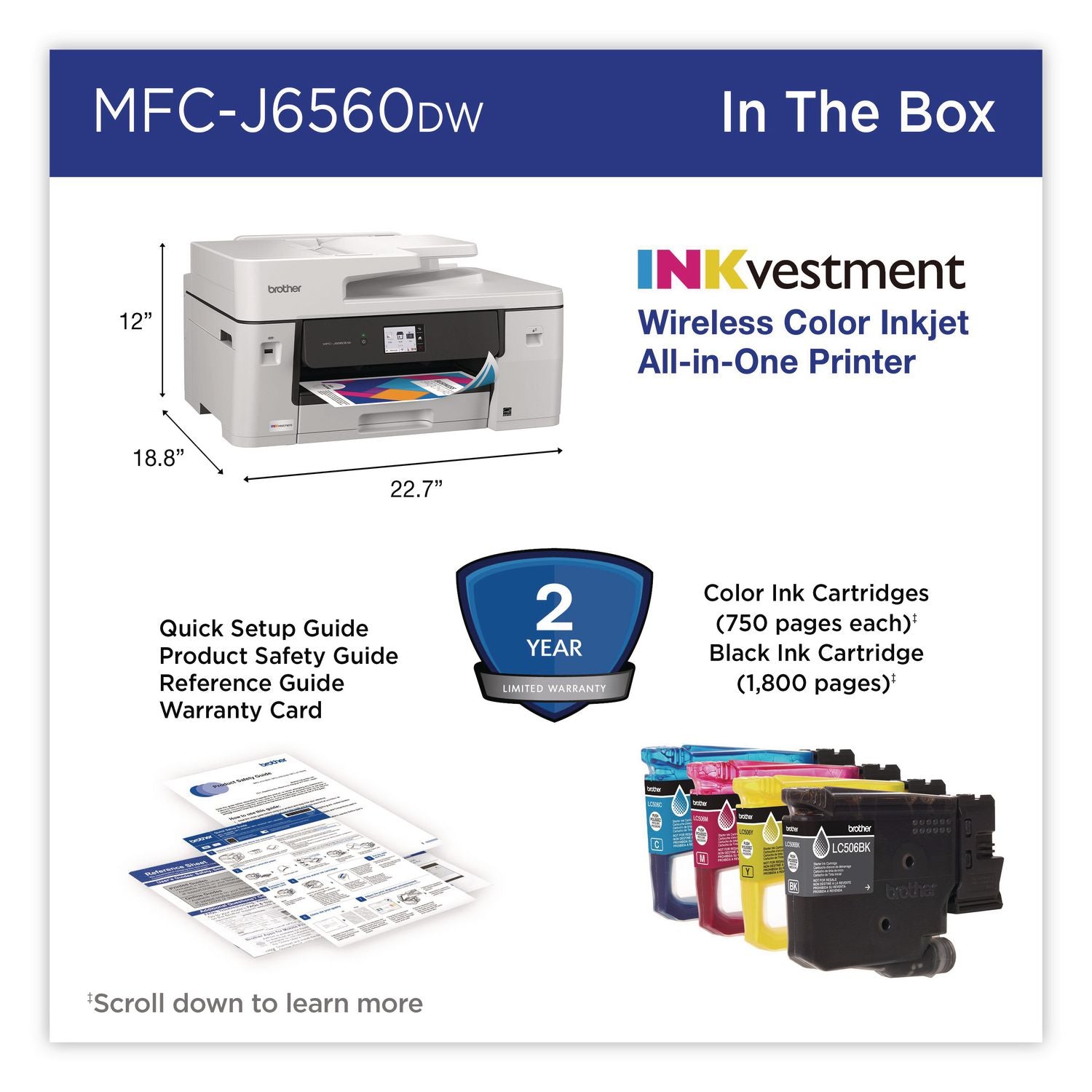 MFC-J6560DW Inkvestment AIO Printer, Copy/Fax/Print/Scan