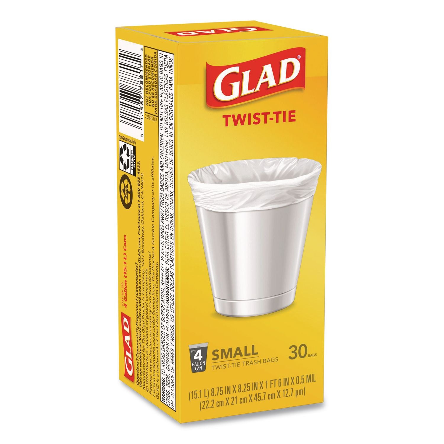 Small Twist-Tie Trash Bags, 4 Gal, 0.74 Mil, 23 X 21.63, White, 30/Box