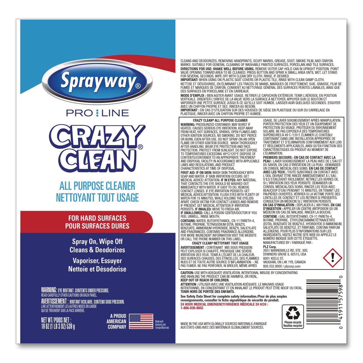 Crazy Clean, Unscented, 19 Oz Aerosol Spray, 12/Carton