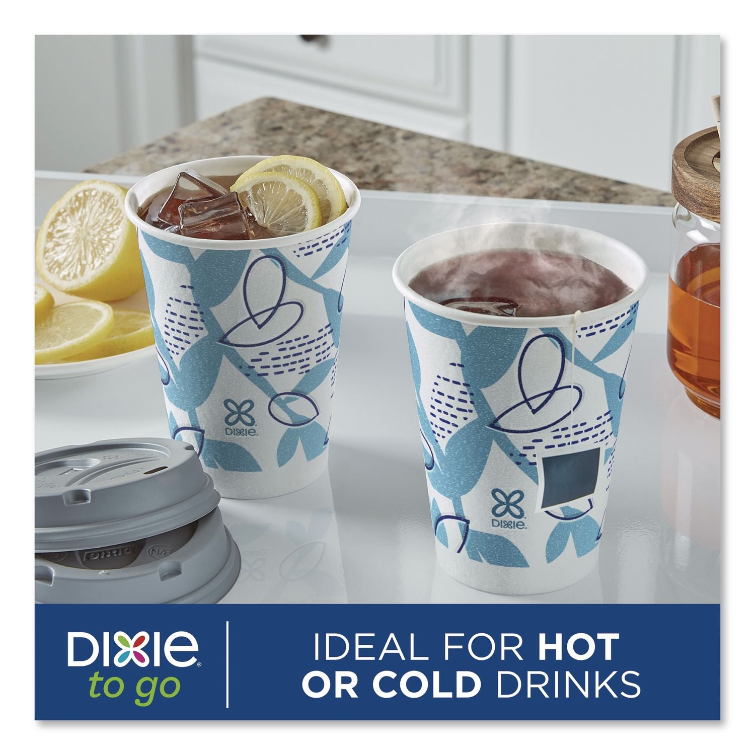 To Go Paper Cups And Lids Combo, 12 Oz, Blue/White, 66/Pack