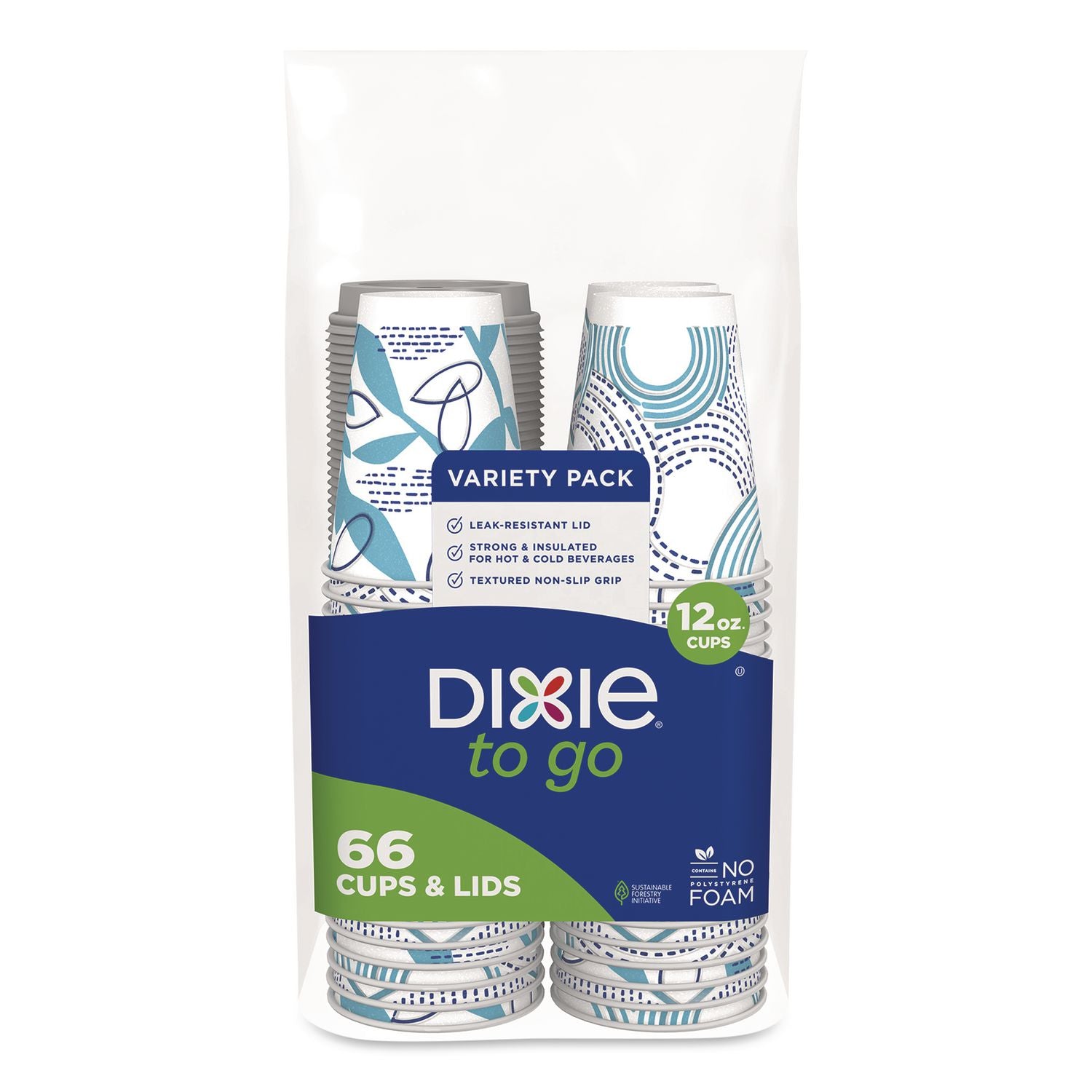 To Go Paper Cups And Lids Combo, 12 Oz, Blue/White, 66/Pack
