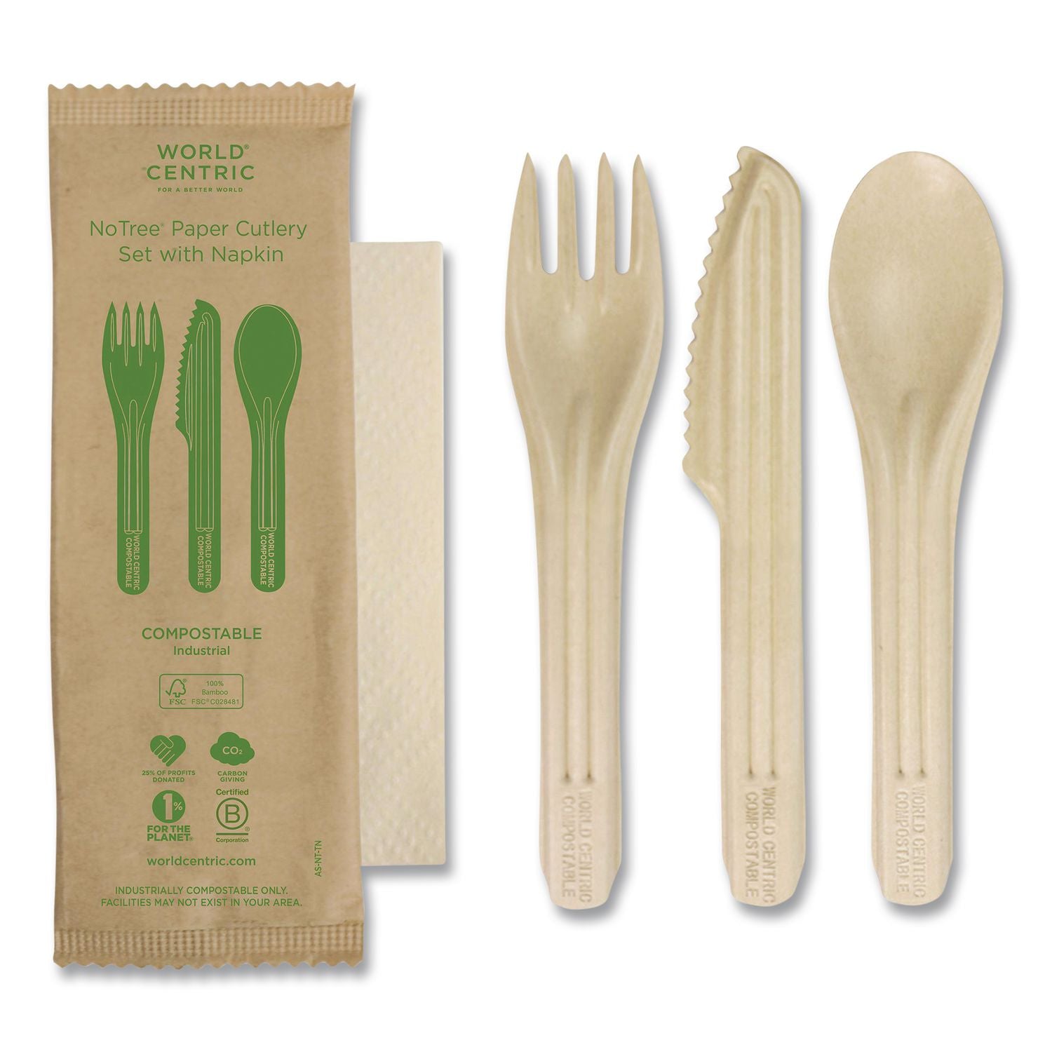 Notree Cutlery, Light Mediumweight, Fork/Knife/Spoon/Napkin, Paper, Natural, 250/Carton
