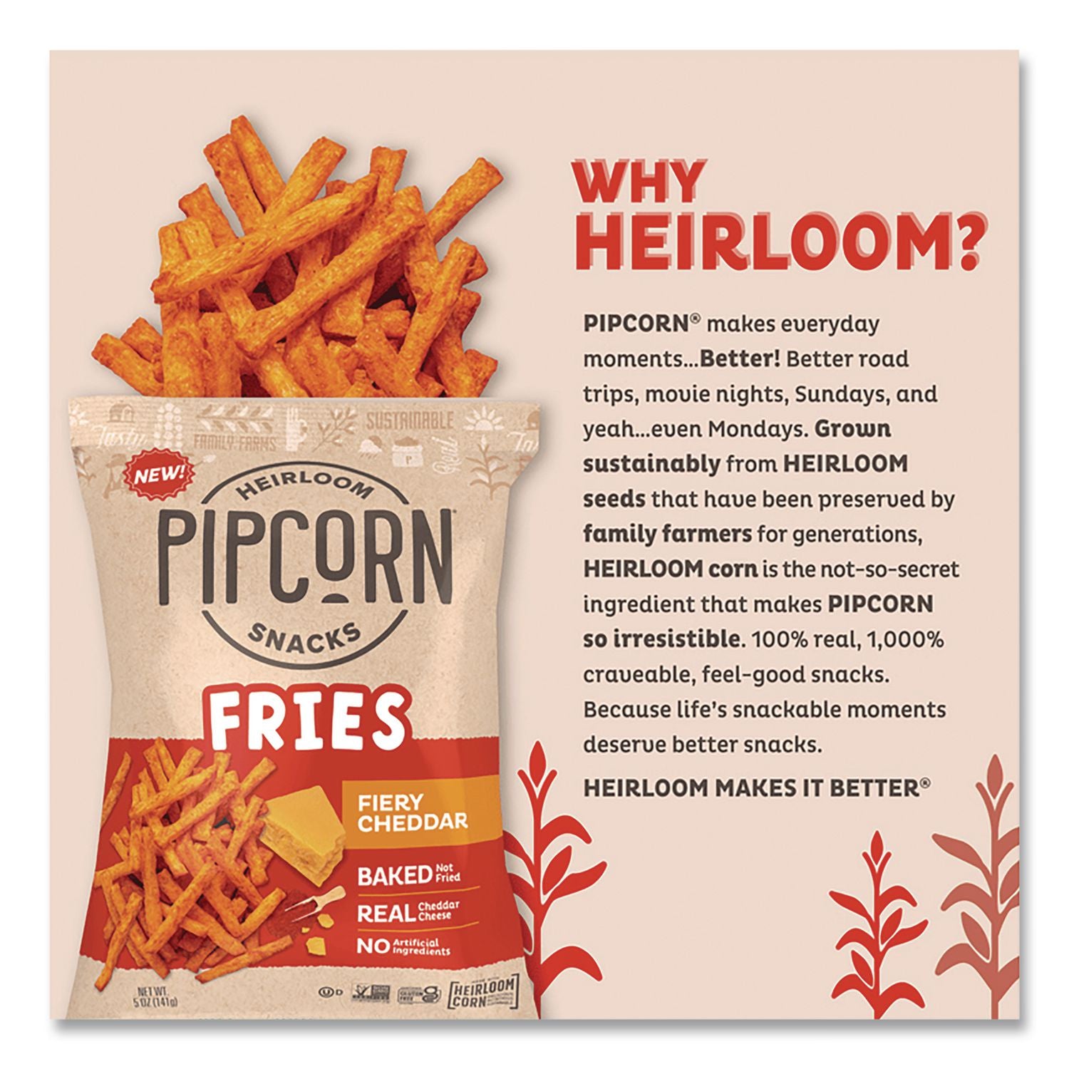 Pipcorn Fries, Fiery Cheddar, 1 Oz Bag, 24/Carton