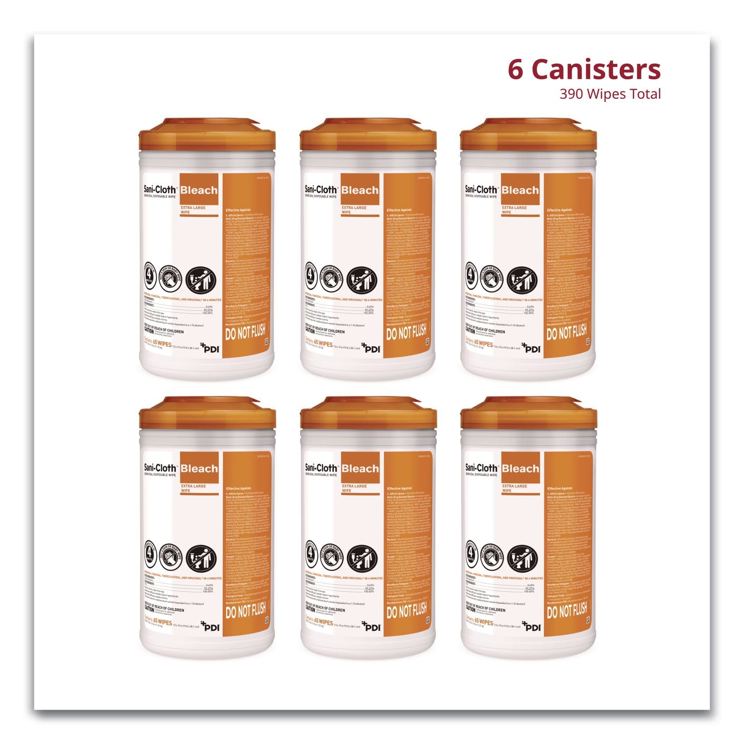 Sani-Cloth With Bleach Disinfecting Wipes, 7.5 X 15, Unscented, White, 65 Wipes/Canister, 6 Canisters/Carton