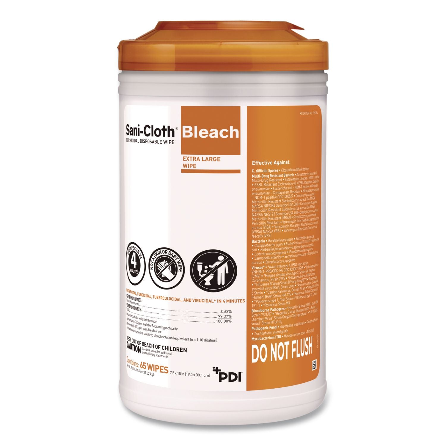 Sani-Cloth With Bleach Disinfecting Wipes, 7.5 X 15, Unscented, White, 65 Wipes/Canister, 6 Canisters/Carton