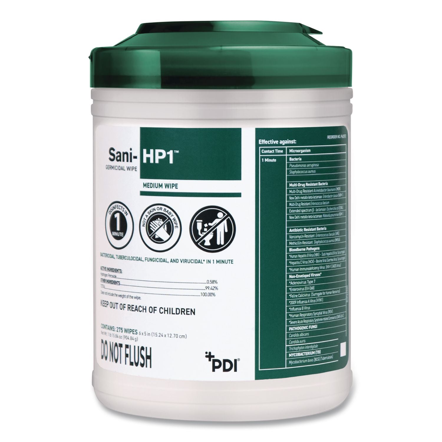 Sani-Hp1 Germicidal Wipes, 5 X 6, Unscented, White, 275 Wipes/Canister