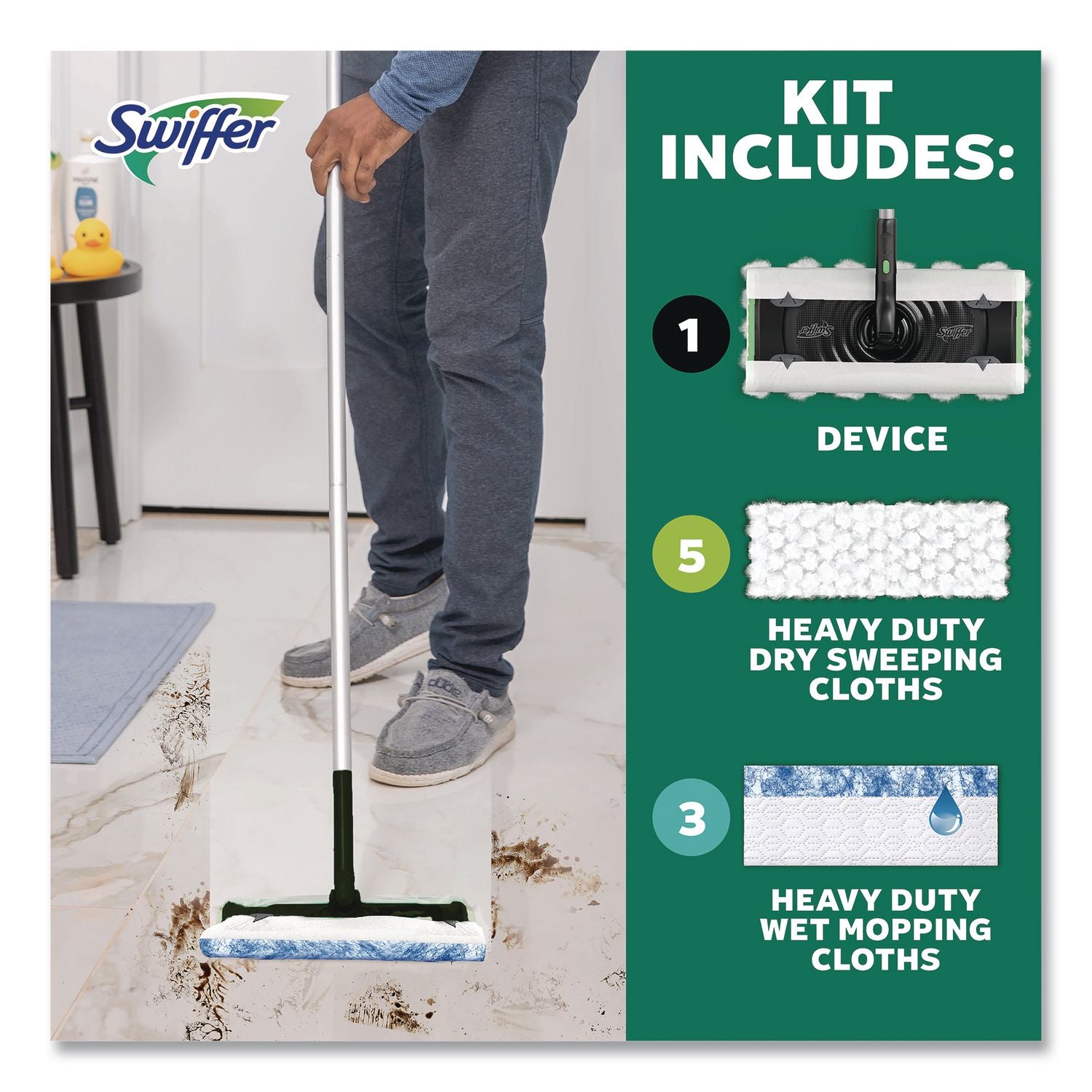 Sweep And Mop 2-In-1 Dry + Wet Floor Deluxe Mopping And Sweeping Kit, Silver Handle