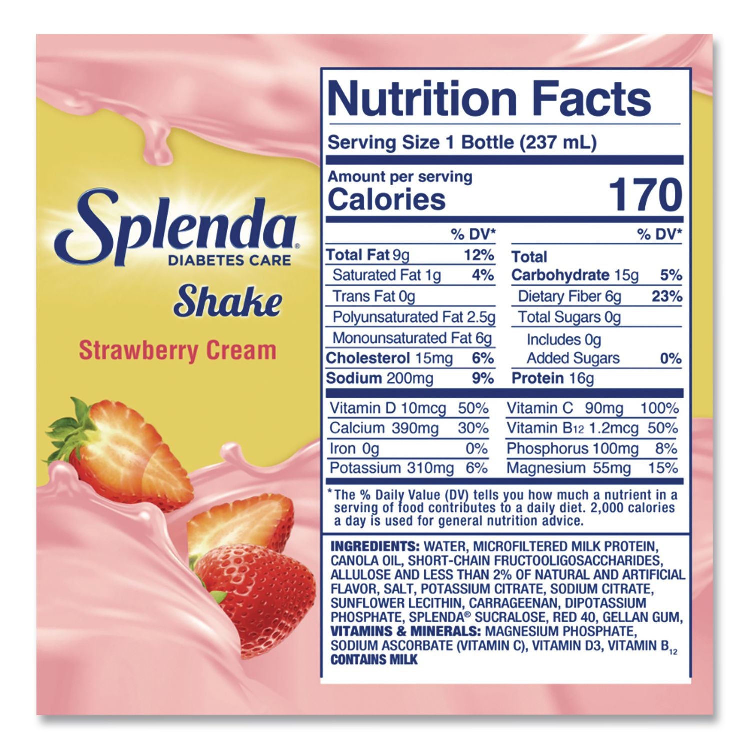 Diabetes Care Sugar-Free Shake, Strawberry Cream, 14 Oz Bottle, 24/Carton