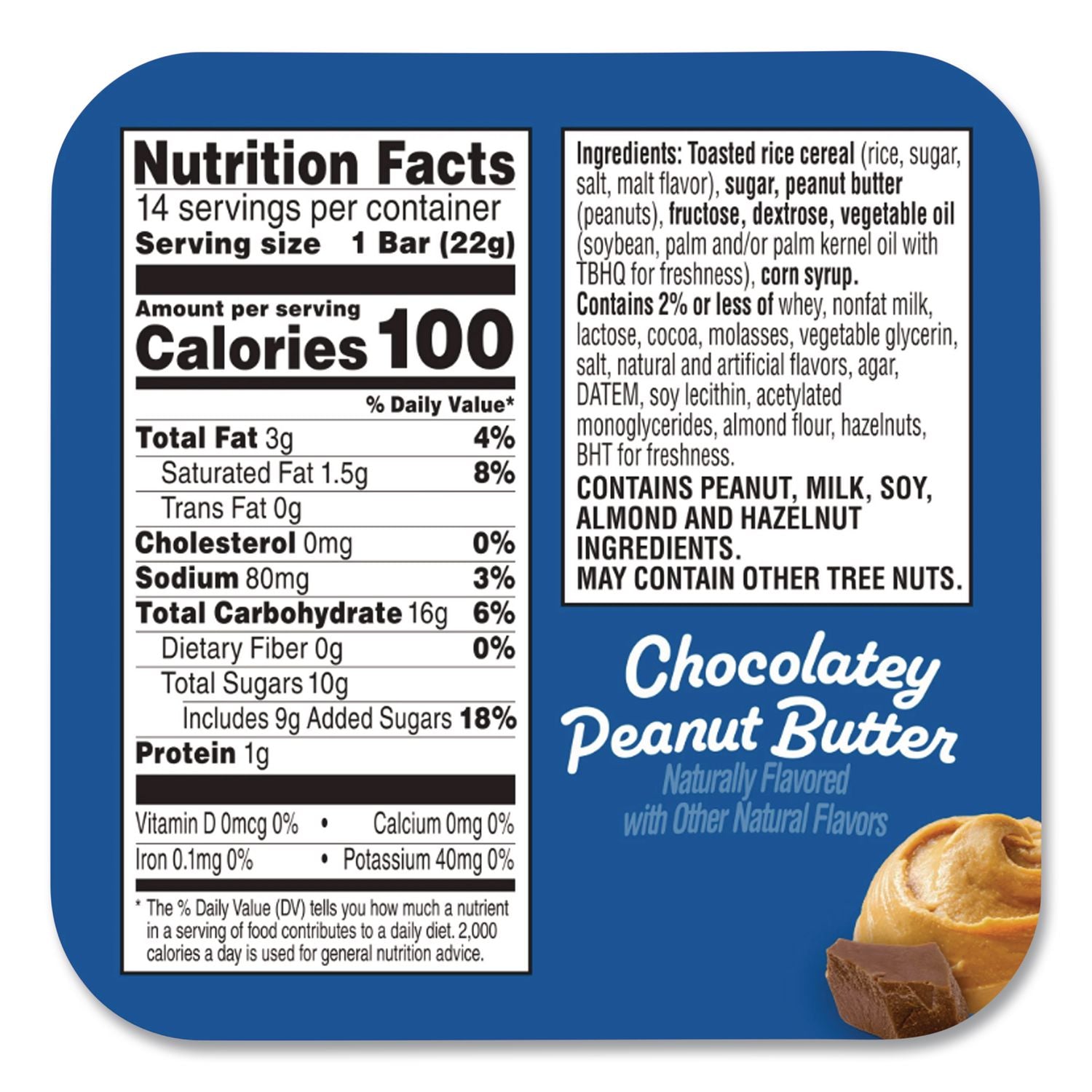 Rice Krispies Treats Crispy Rice Squares, Chocolatey Peanut Butter, 0.78 Oz Bar, 14/Box