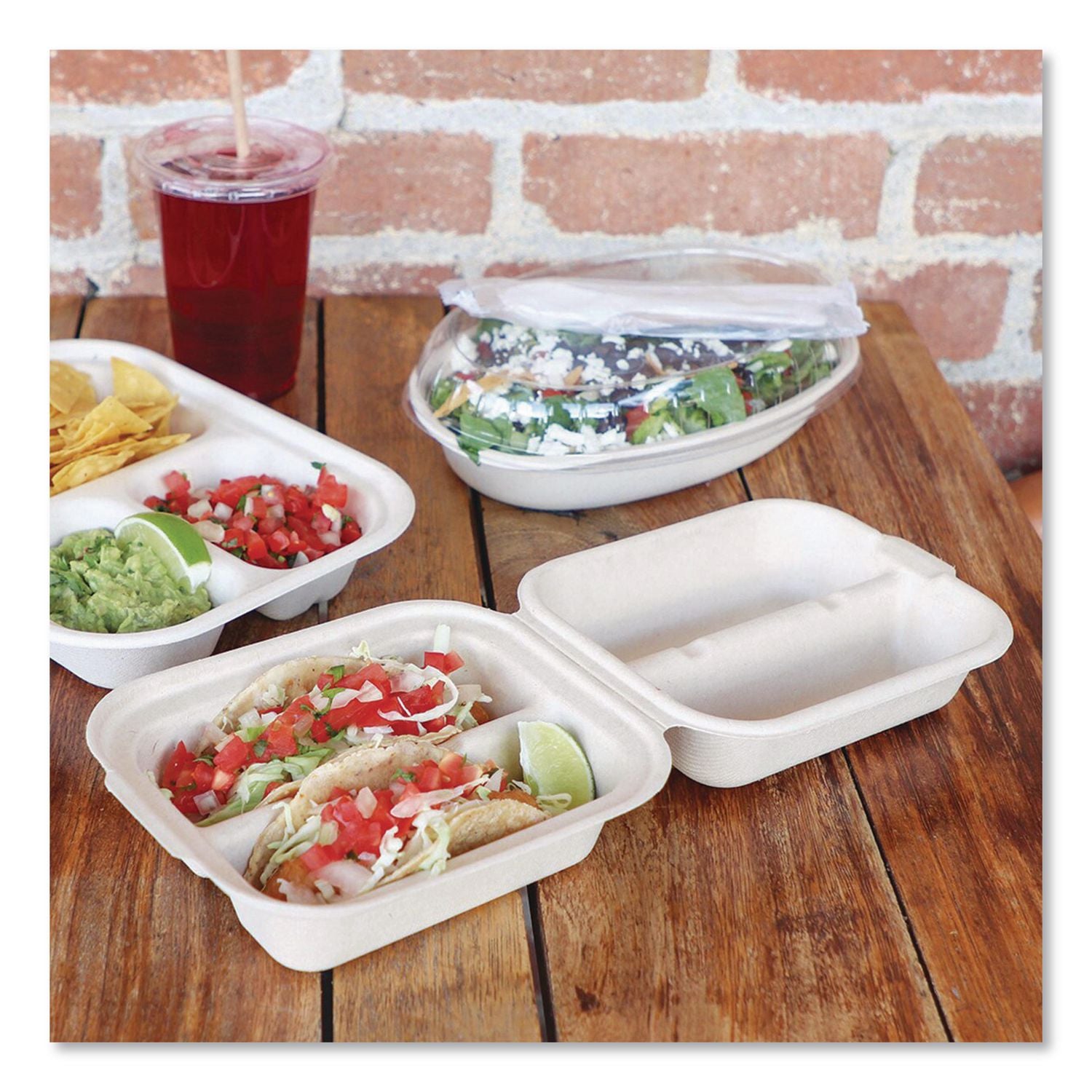 Fiber Hinged Takeout Containers, Taco Box, 2 Compartments, 5.86 X 7.25 X 3.38, Natural, Sugarcane Fiber, 300/Carton