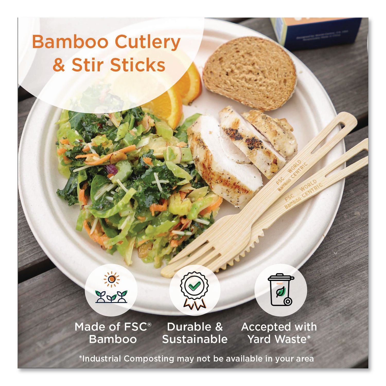Bamboo Cutlery, Medium Heavyweight, Fork, Paper, Natural, 24/Pack