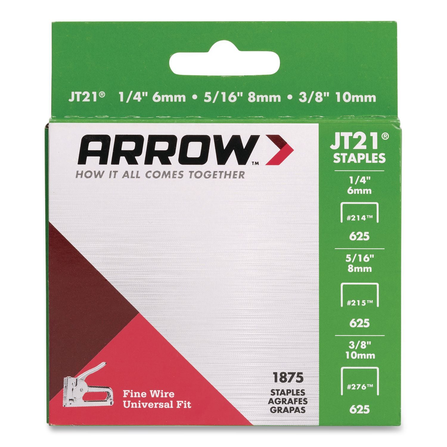 JT21 Standard Staples, 0.25" Leg/0.31" Leg/0.38" Leg, 0.44" Crown, Silver, 1, 875/Box