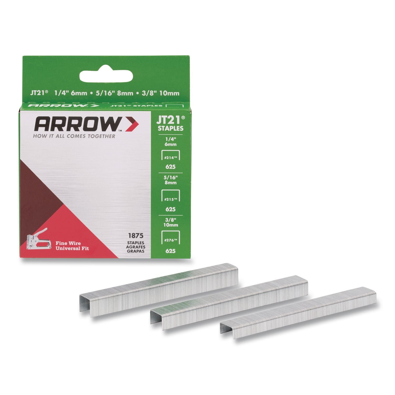 JT21 Standard Staples, 0.25" Leg/0.31" Leg/0.38" Leg, 0.44" Crown, Silver, 1, 875/Box