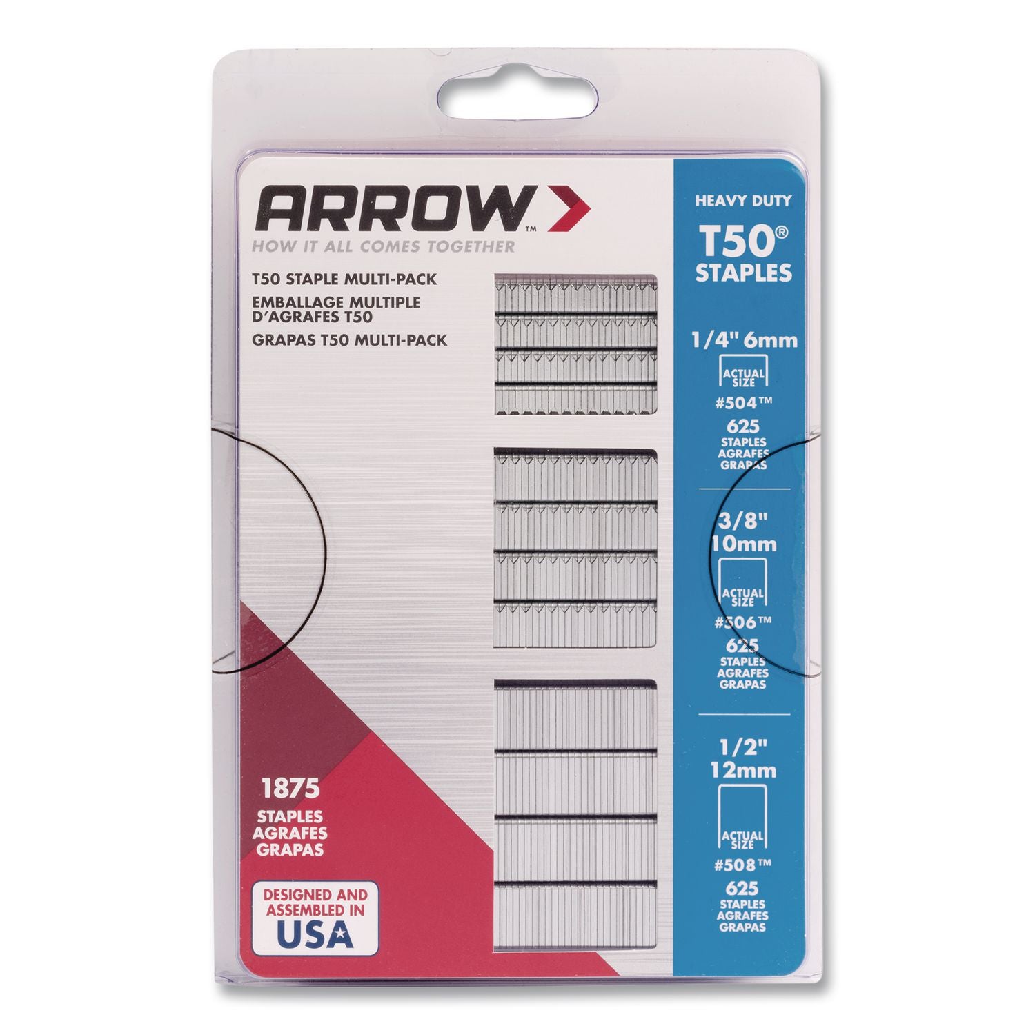 Heavy Duty Staples, 0.25" Leg/0.38" Leg/0.5" Leg, 0.41" Crown, Silver, 1, 875/Box