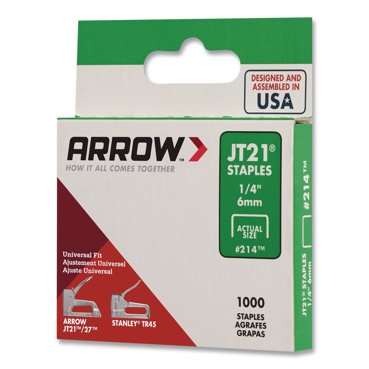 JT21 Standard Staples, 0.25" Leg, 0.44" Crown, Silver, 1, 000/Box