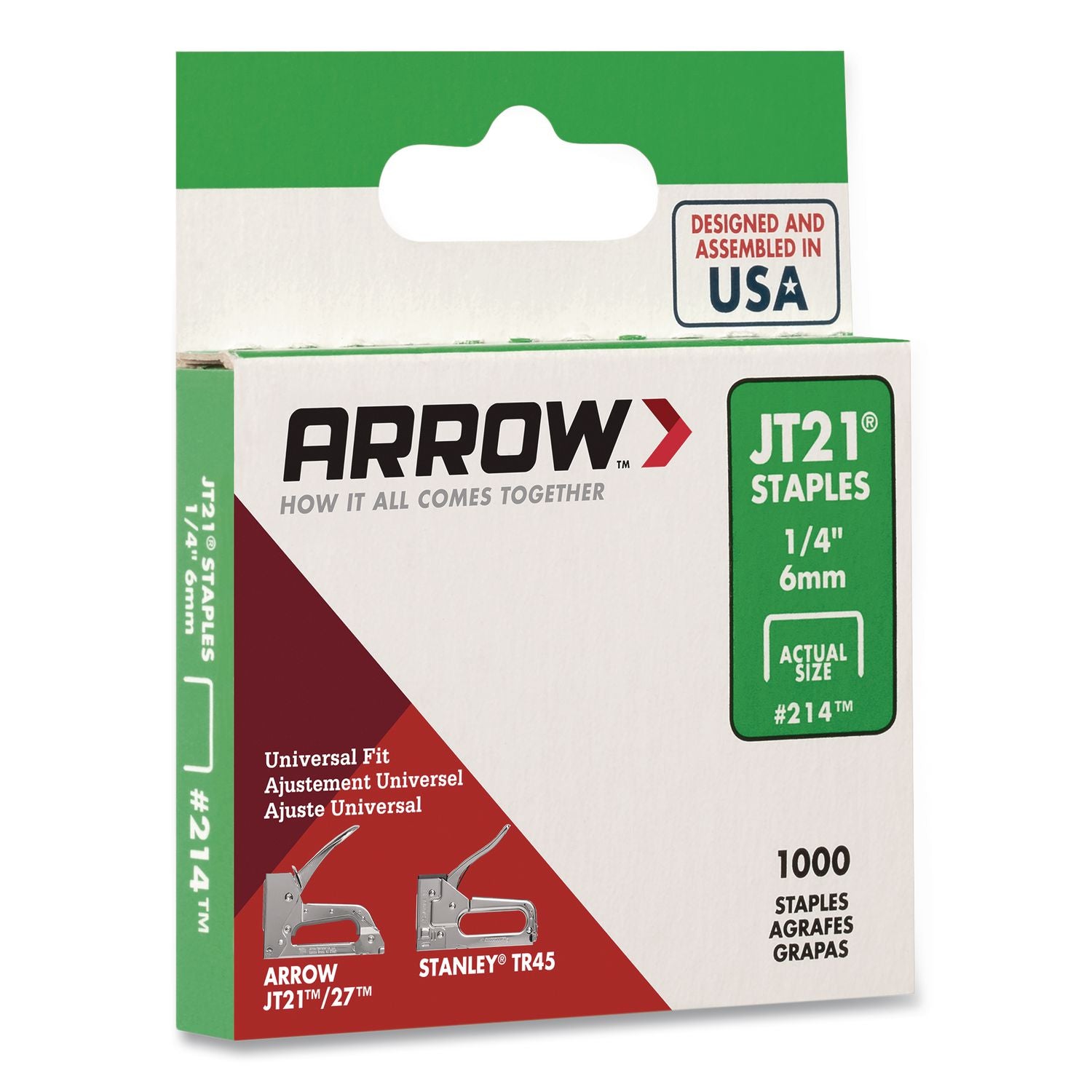 JT21 Standard Staples, 0.25" Leg, 0.44" Crown, Silver, 1, 000/Box
