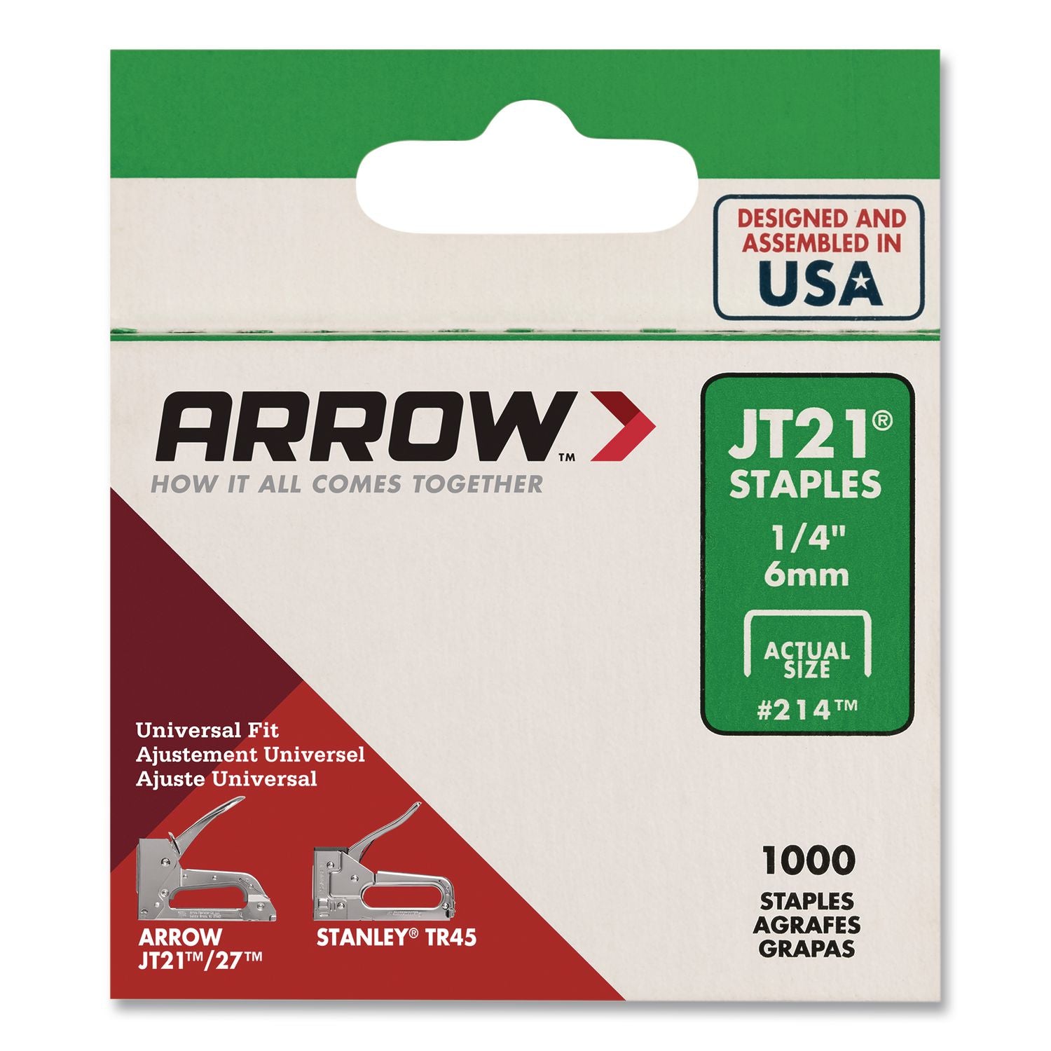 JT21 Standard Staples, 0.25" Leg, 0.44" Crown, Silver, 1, 000/Box