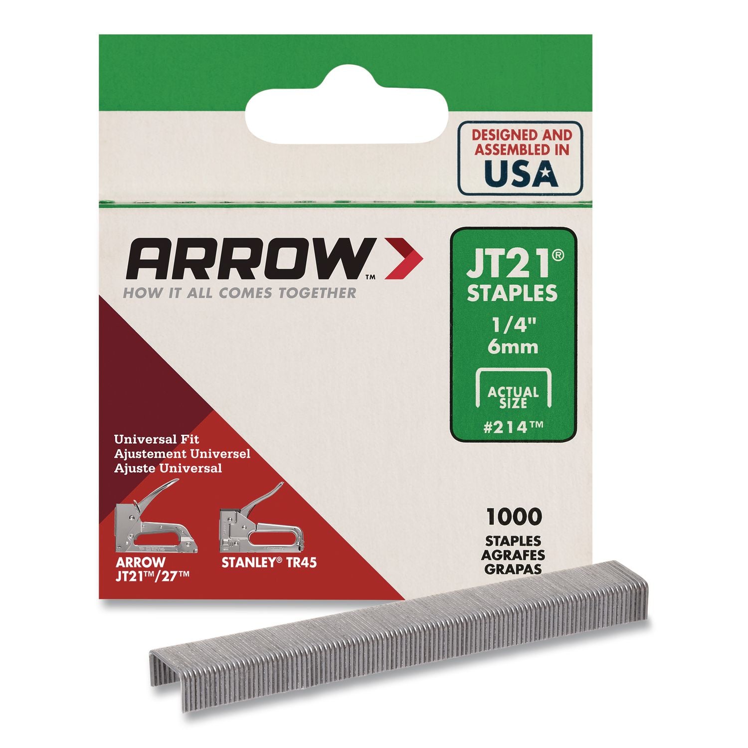 JT21 Standard Staples, 0.25" Leg, 0.44" Crown, Silver, 1, 000/Box