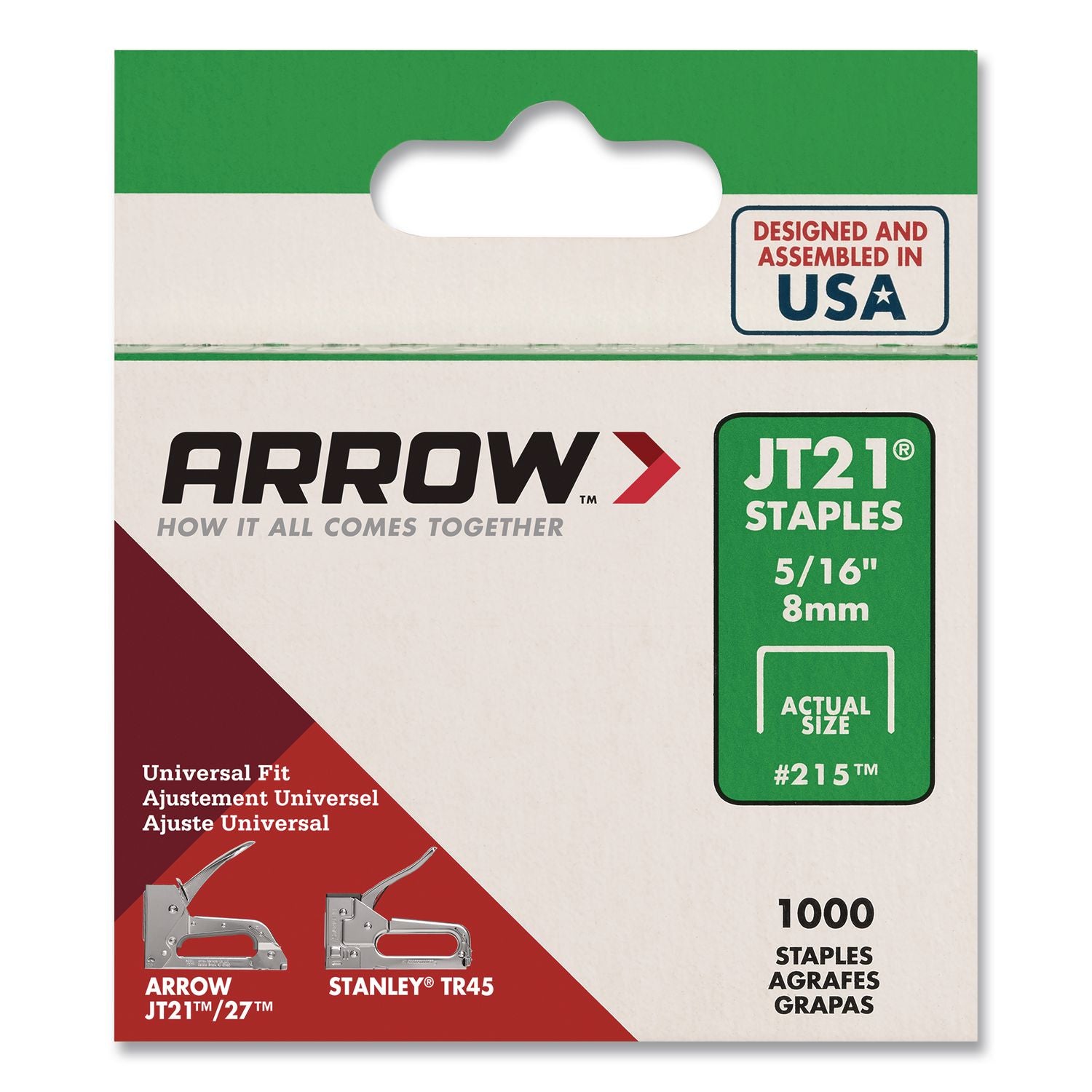 JT21 Standard Staples, 0.31" Leg, 0.44" Crown, Silver, 1, 000/Box