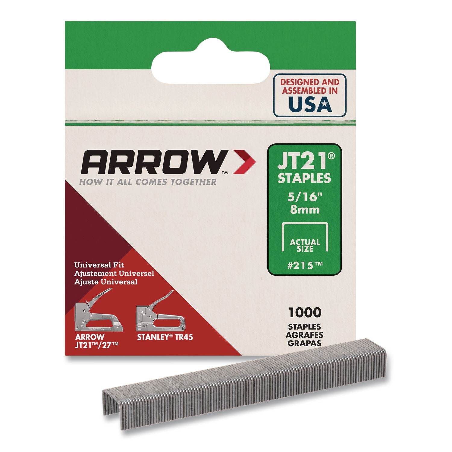 JT21 Standard Staples, 0.31" Leg, 0.44" Crown, Silver, 1, 000/Box