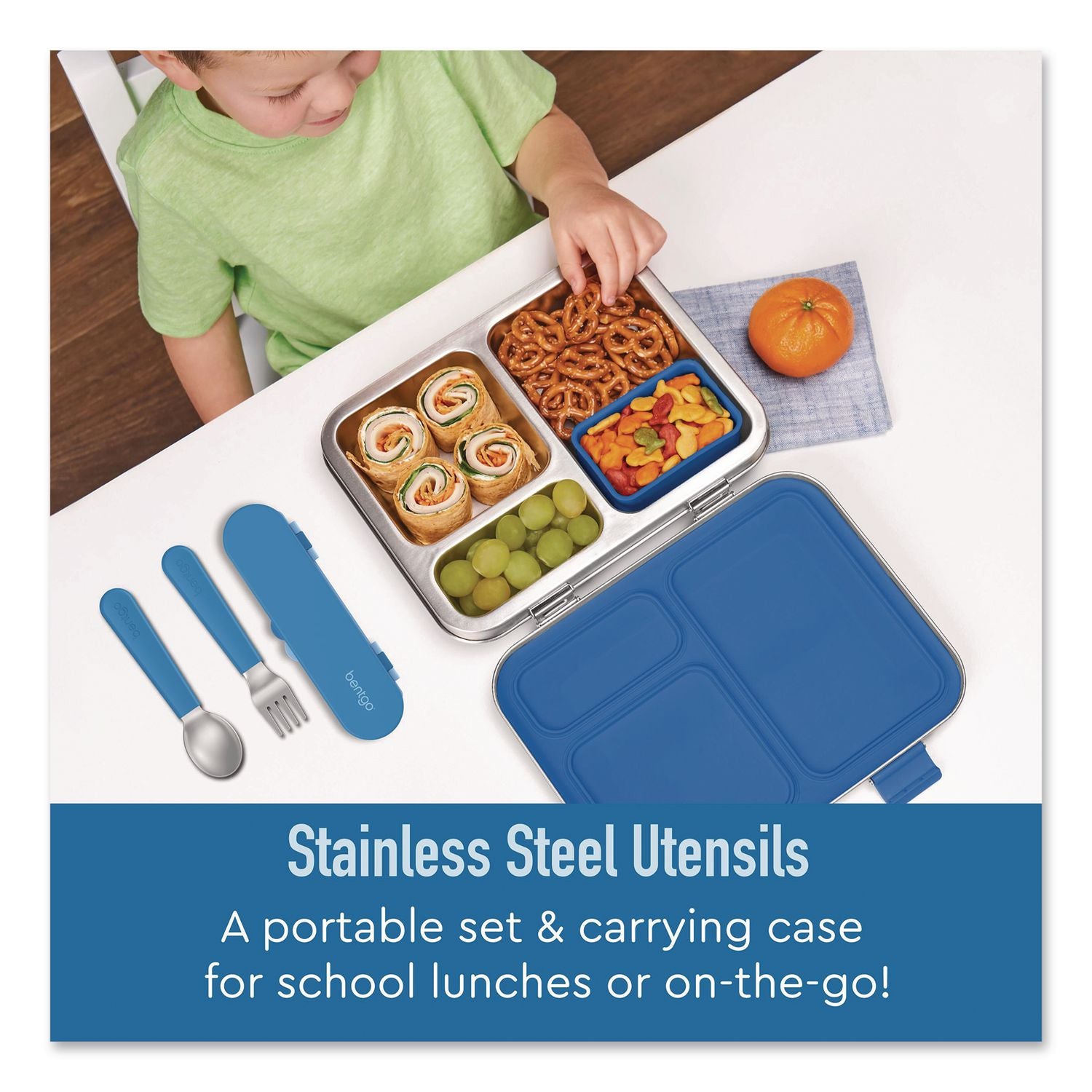 Kids Stainless Steel Utensils, 5.7 Fork, 5.8 Spoon, 2 X 6 Case, Stainless Steel/Silicone, Blue