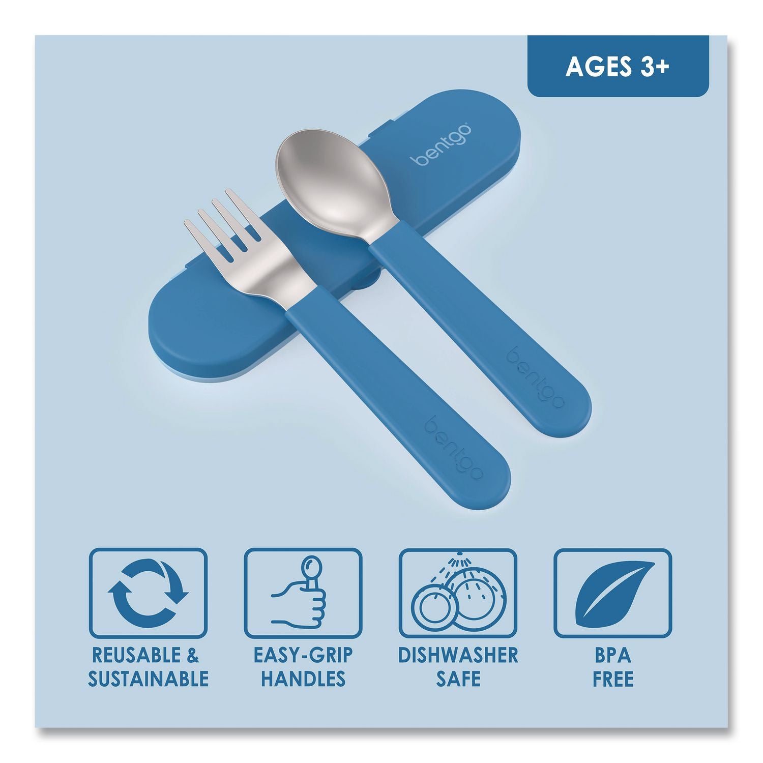 Kids Stainless Steel Utensils, 5.7 Fork, 5.8 Spoon, 2 X 6 Case, Stainless Steel/Silicone, Blue