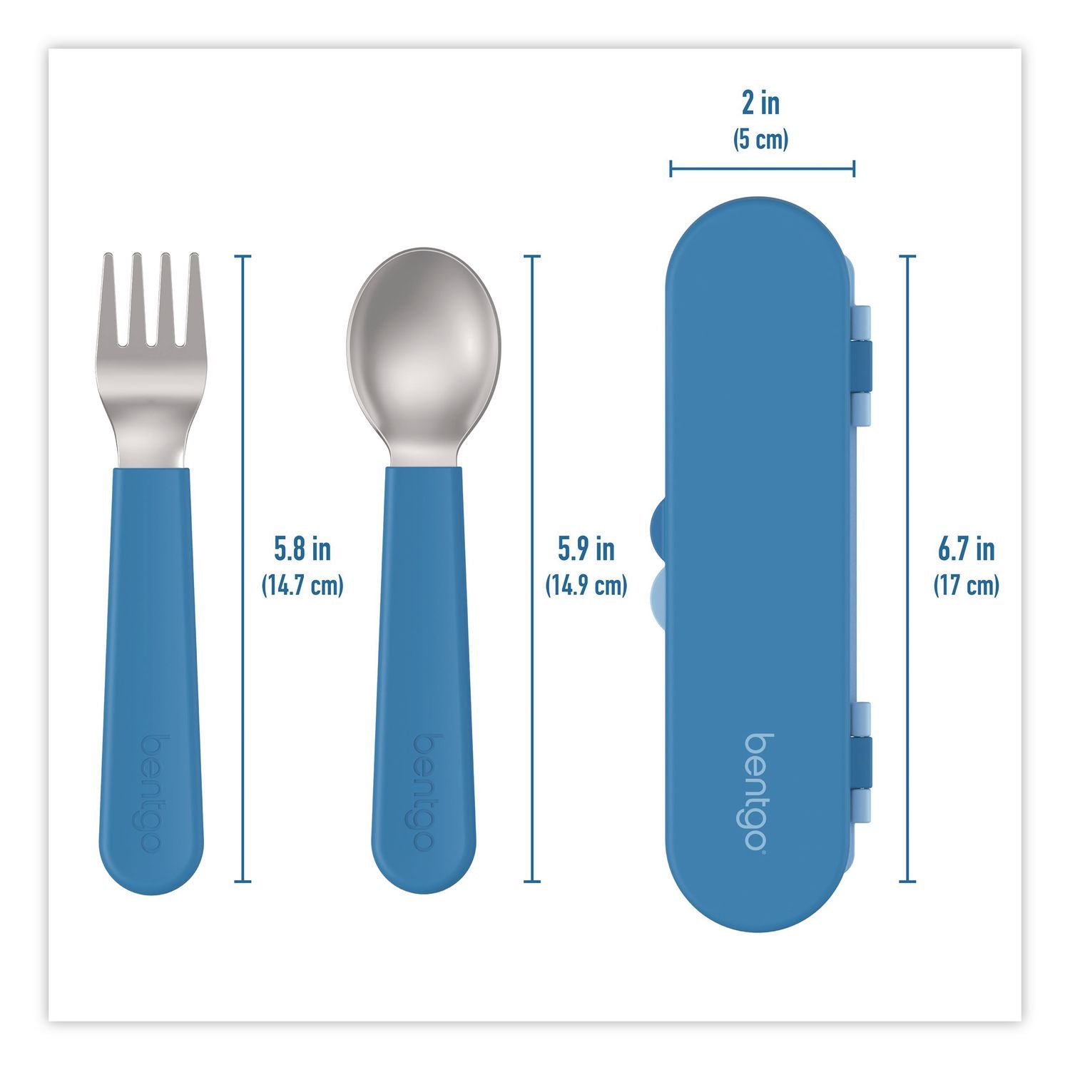 Kids Stainless Steel Utensils, 5.7 Fork, 5.8 Spoon, 2 X 6 Case, Stainless Steel/Silicone, Blue