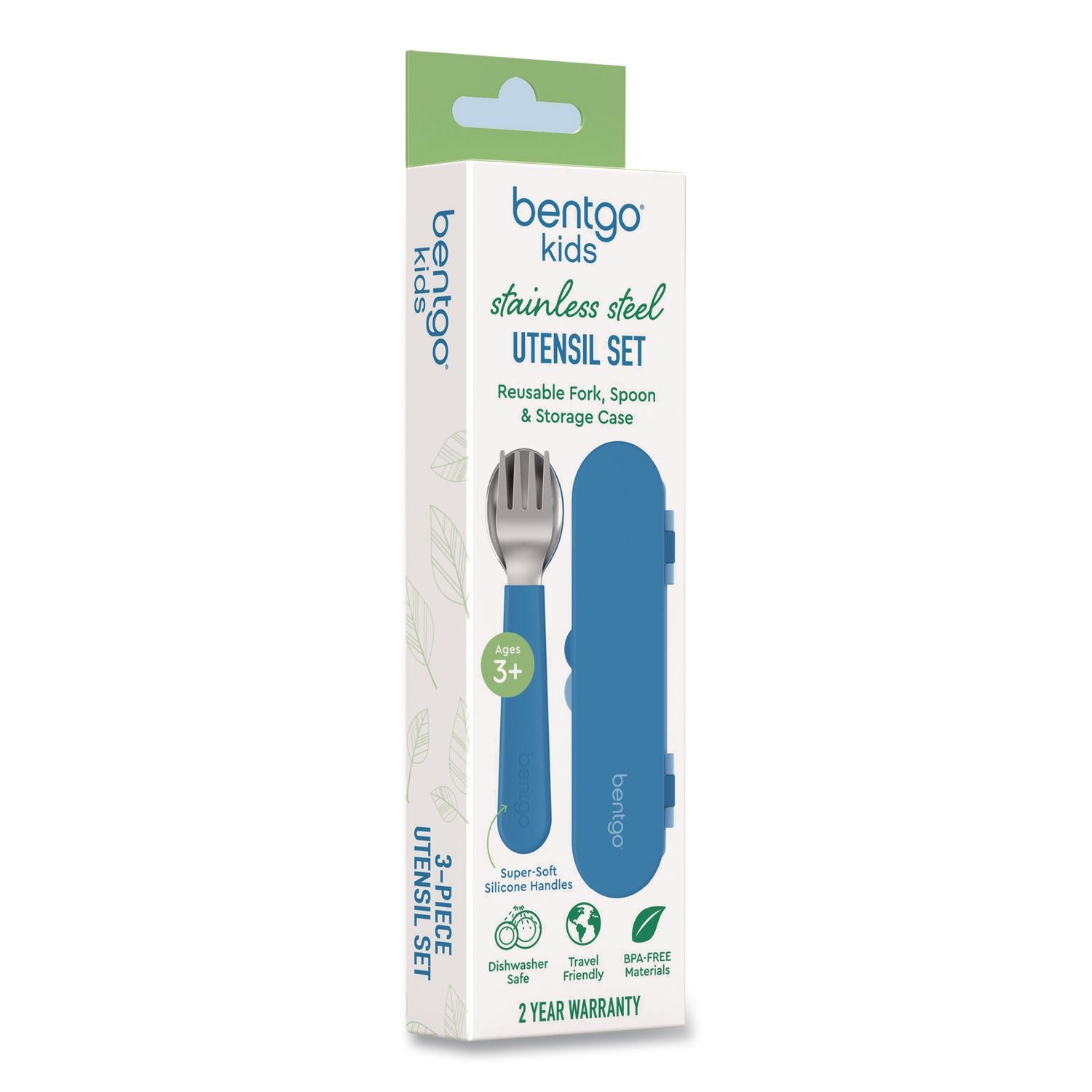 Kids Stainless Steel Utensils, 5.7 Fork, 5.8 Spoon, 2 X 6 Case, Stainless Steel/Silicone, Blue