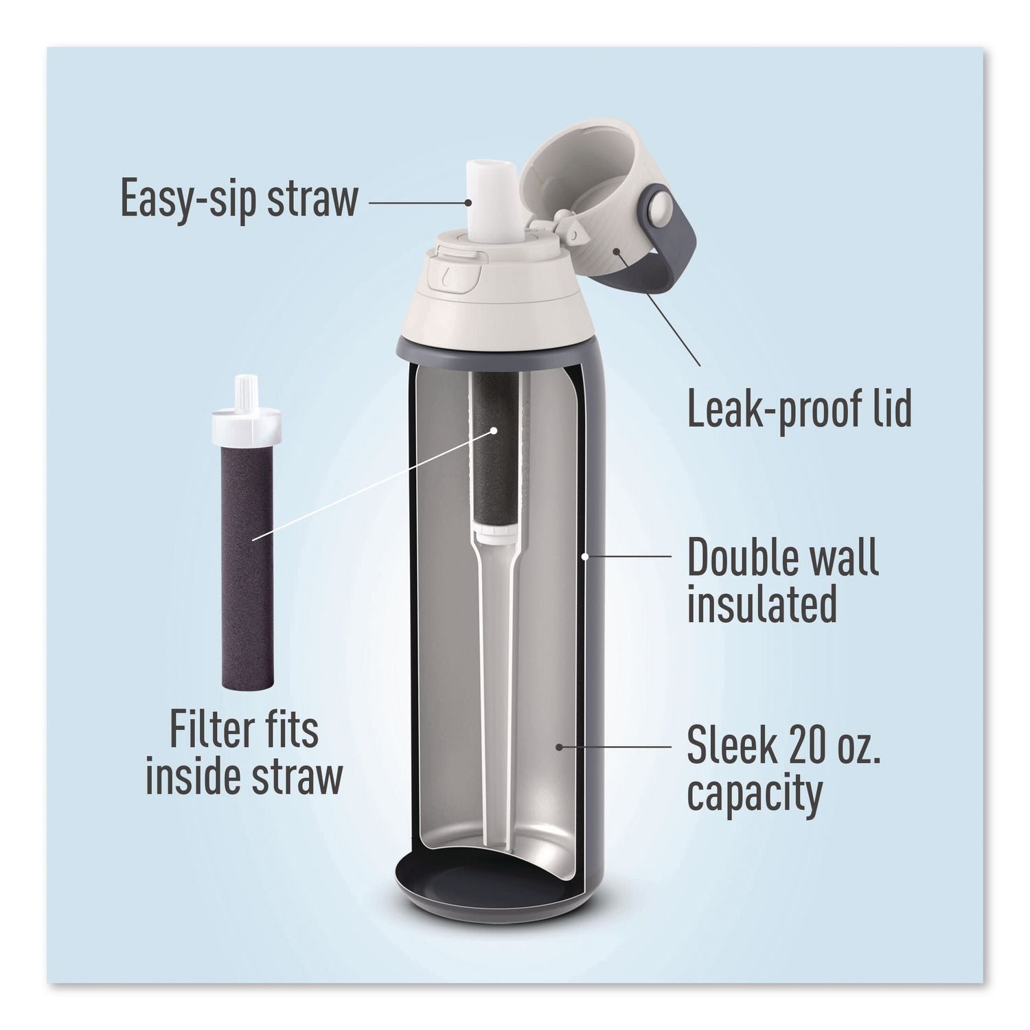 Stainless Steel Filtered Water Bottle, 20 Oz, Carbon