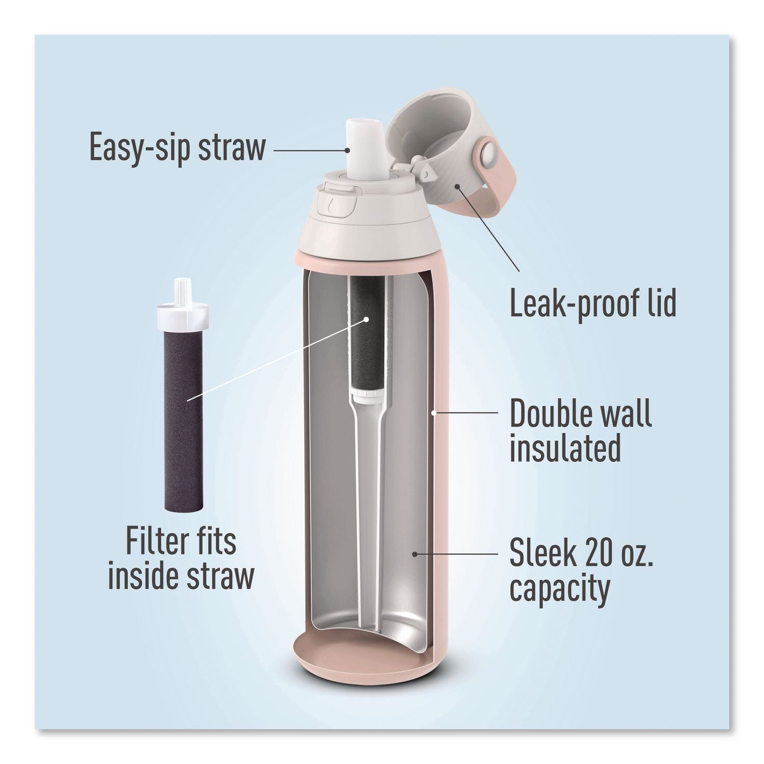 Stainless Steel Filtered Water Bottle, 20 Oz, Rose