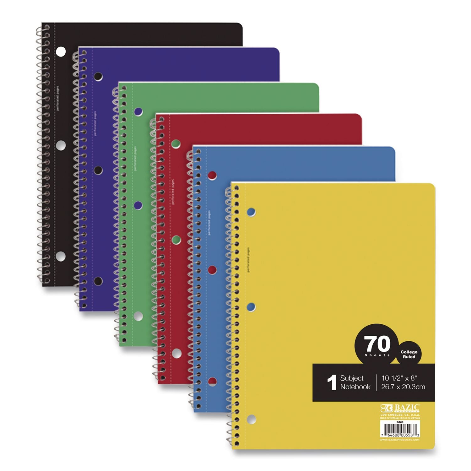 Spiral Notebooks, 1-Subject, Medium/College Rule, Randomly Assorted Cover Color, (70) 10.5 X 8 Sheets
