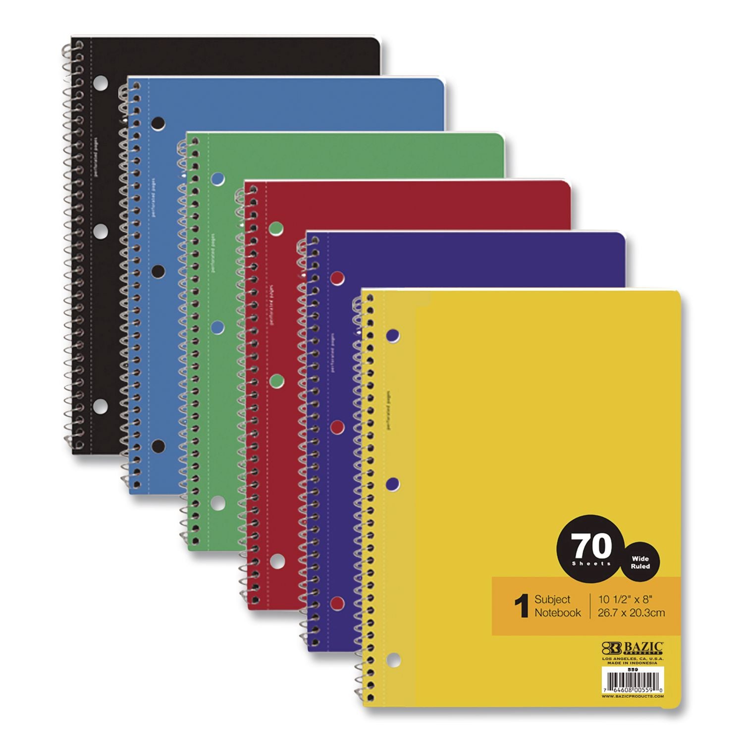Spiral Notebooks, 1-Subject, Wide Rule, Assorted Color Covers, (70) 10.5 X 8 Sheets, 24/Carton