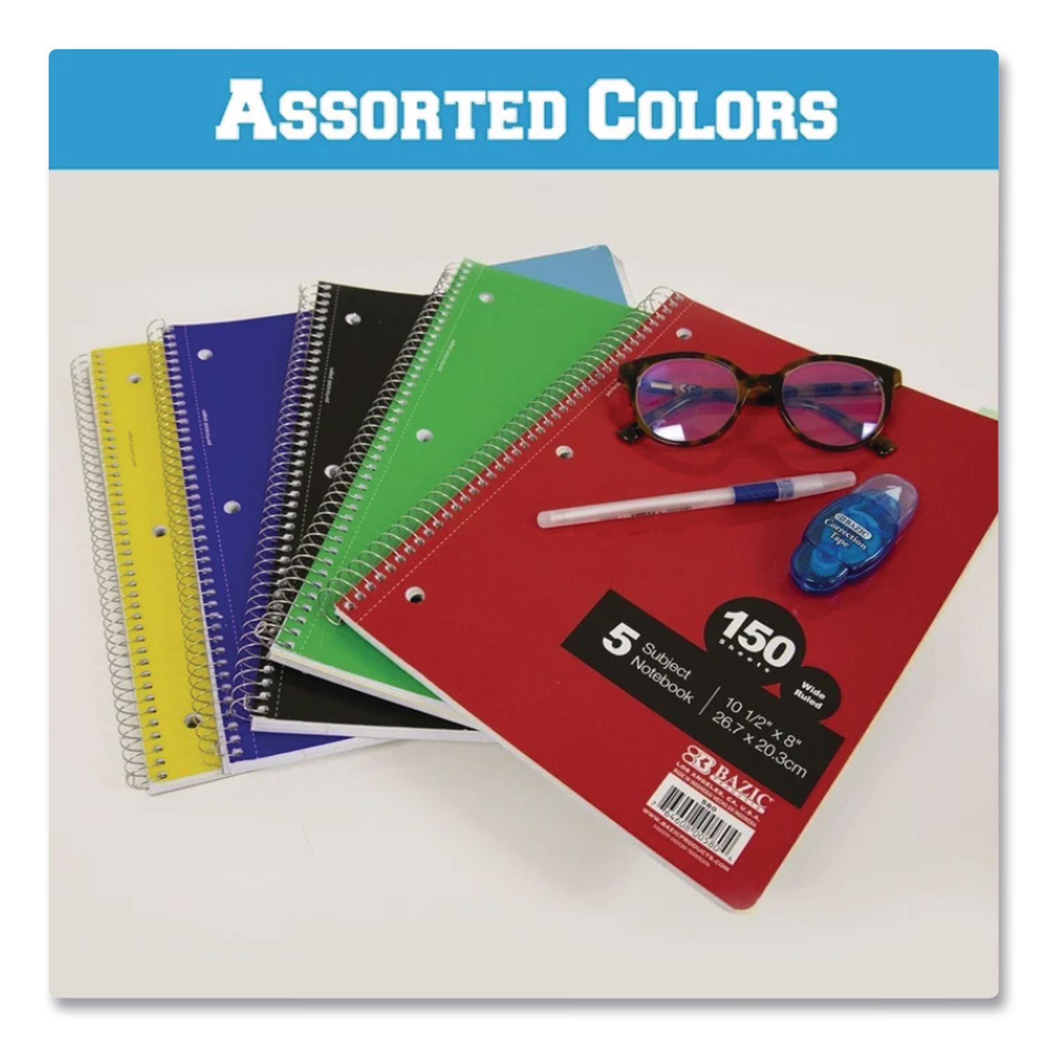 Spiral Notebooks, 5-Subject, Wide/Legal Rule, Randomly Assorted Color Cover, (150) 10.5 X 8 Sheets