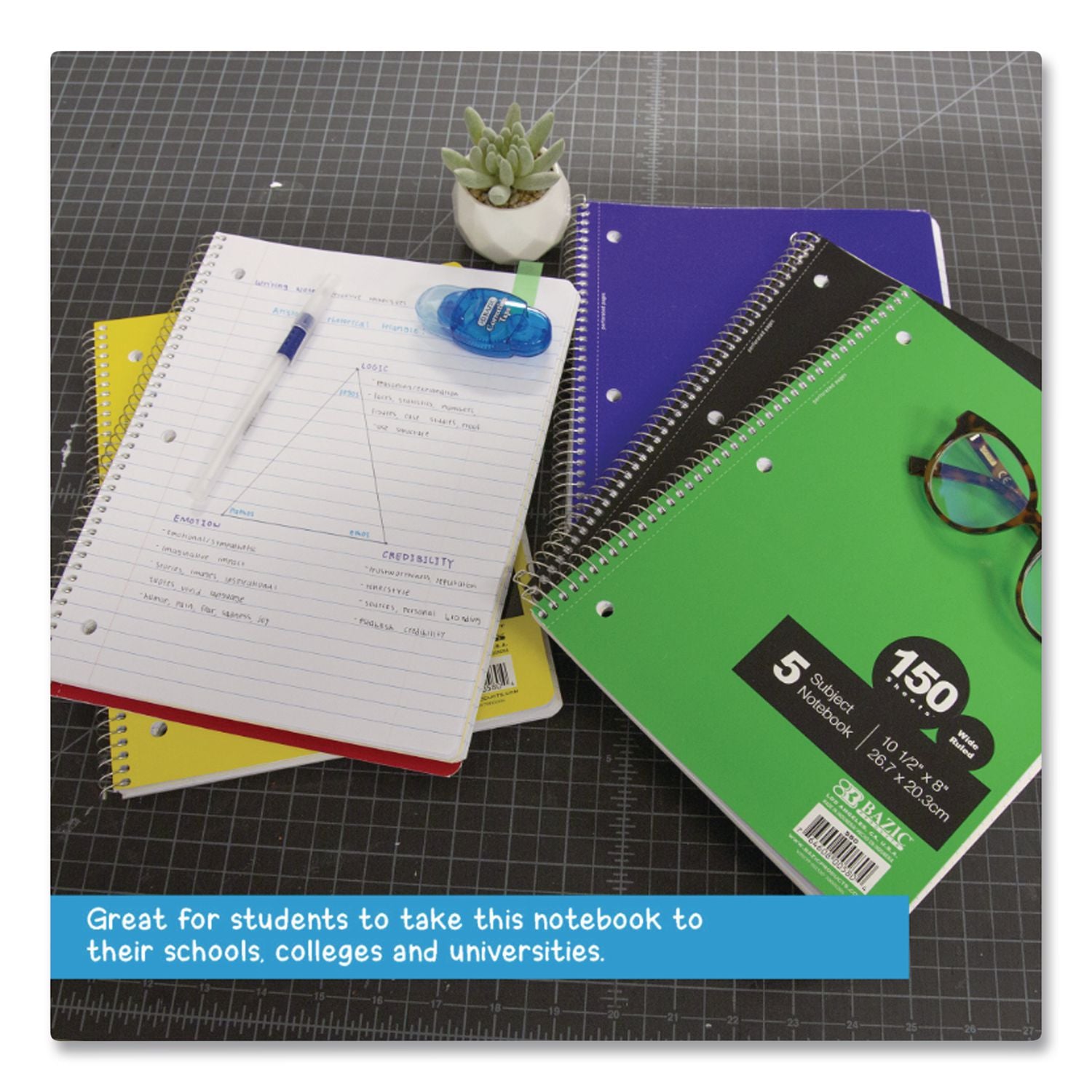 Spiral Notebooks, 5-Subject, Wide/Legal Rule, Randomly Assorted Color Cover, (150) 10.5 X 8 Sheets