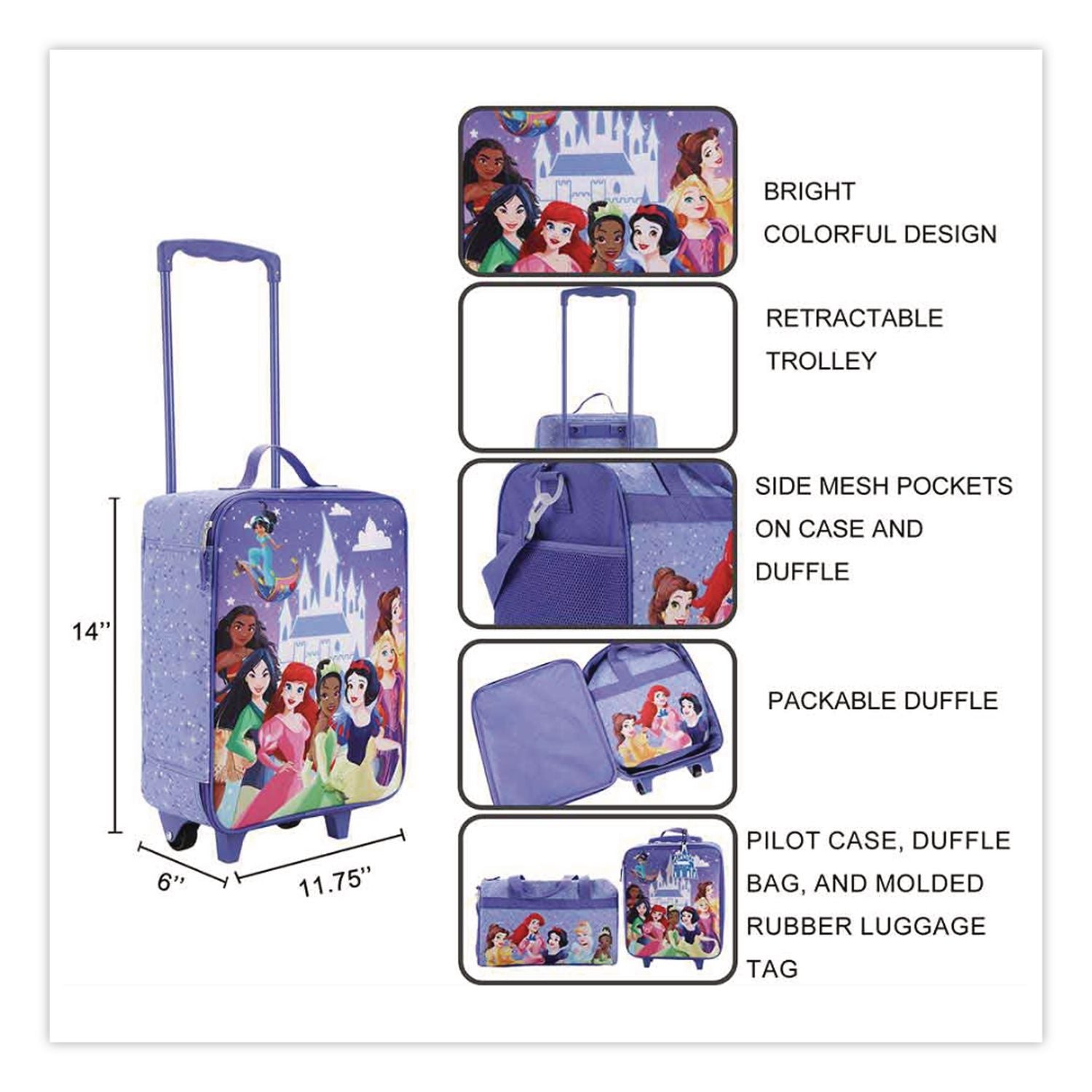 Four-Piece Disney Princess Carry-On Luggage Set, 11.75 X 6 X 14