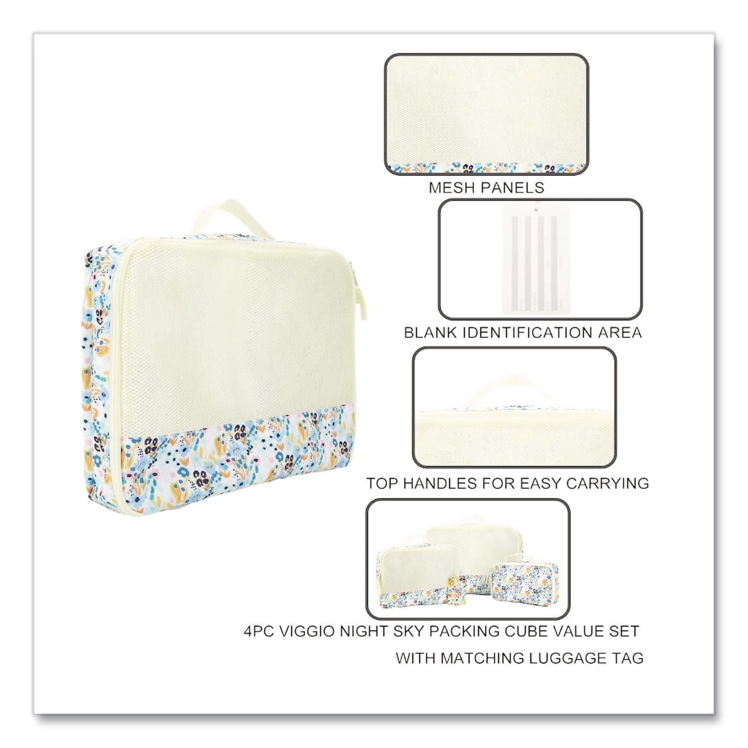 Floral Print Four-Piece Packing Cube Set, Assorted Sizes