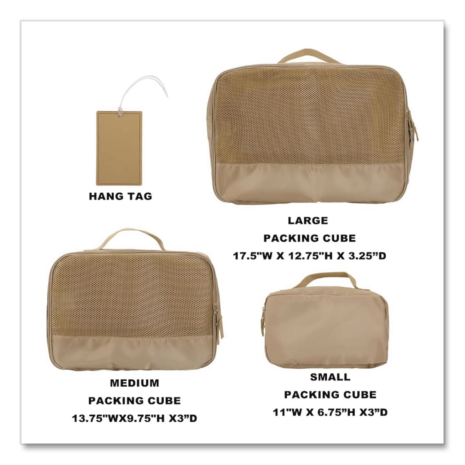 Four-Piece Packing Cube Set, Assorted Sizes, Light Brown
