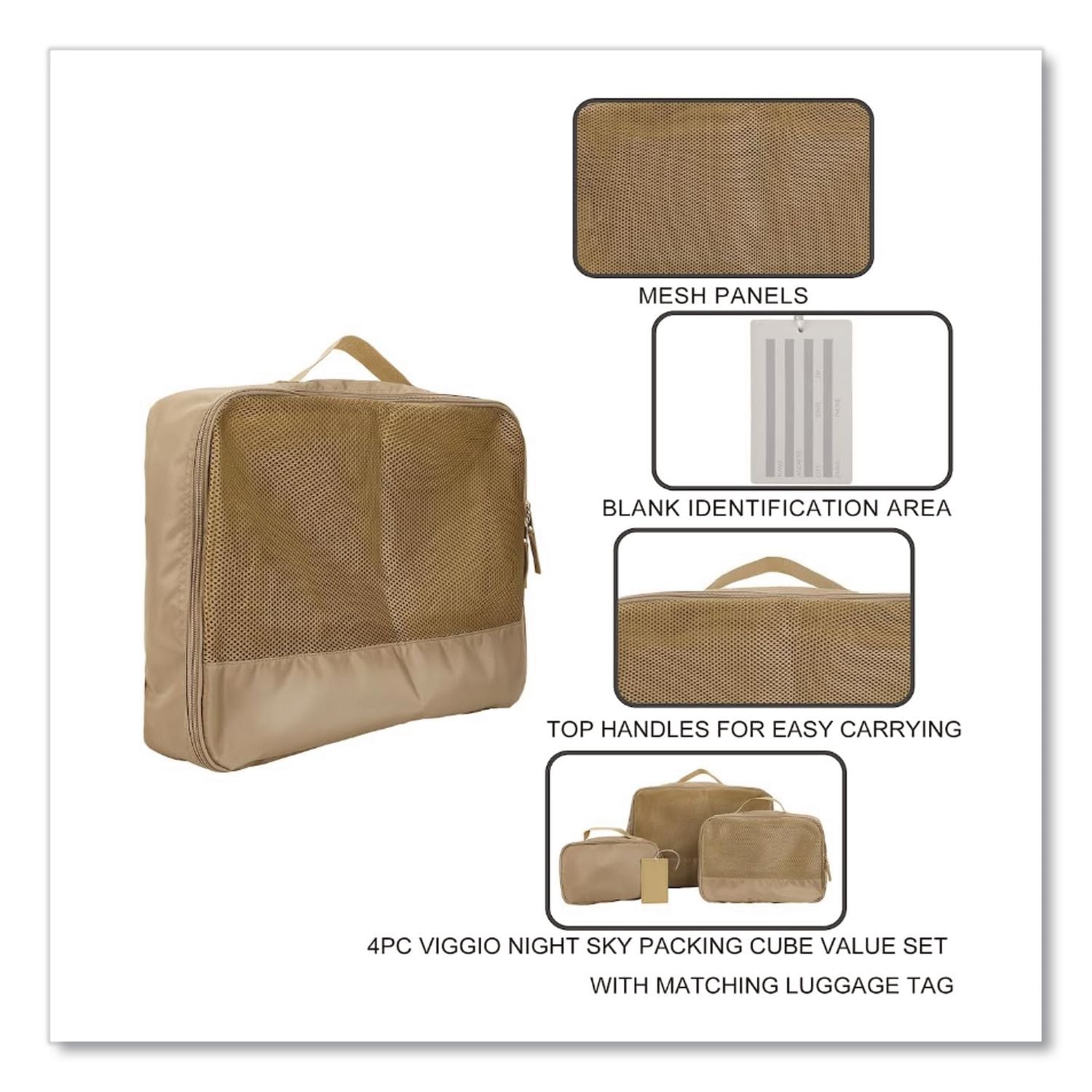 Four-Piece Packing Cube Set, Assorted Sizes, Light Brown