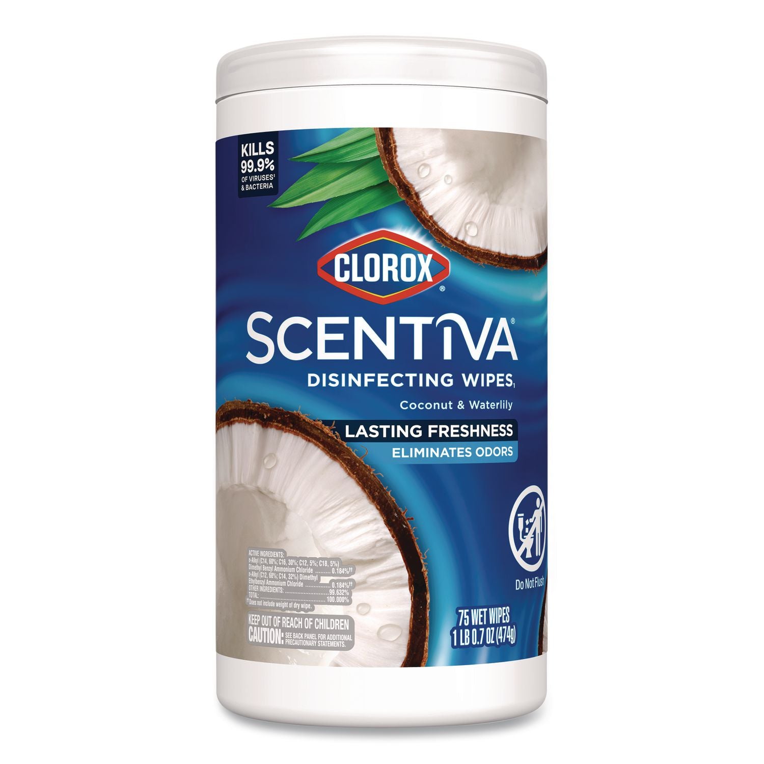 Scentiva Bleach Free Cleaning Wipes, 7.25 X 7, Coconut And Waterlilly, 75/Canister