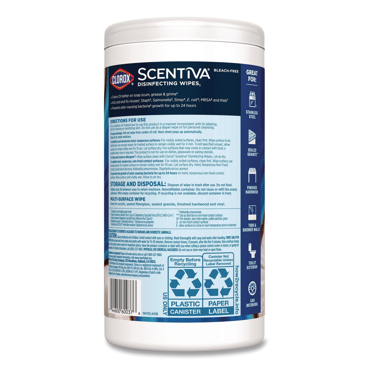 Scentiva Bleach Free Cleaning Wipes, 7.25 X 7, Coconut And Waterlilly, 75/Canister
