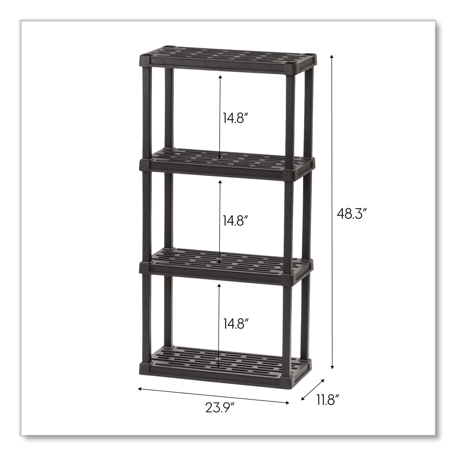 Plastic Shelving Unit, 4 Shelves, 23.9 X 11.8 X 48.3, Black