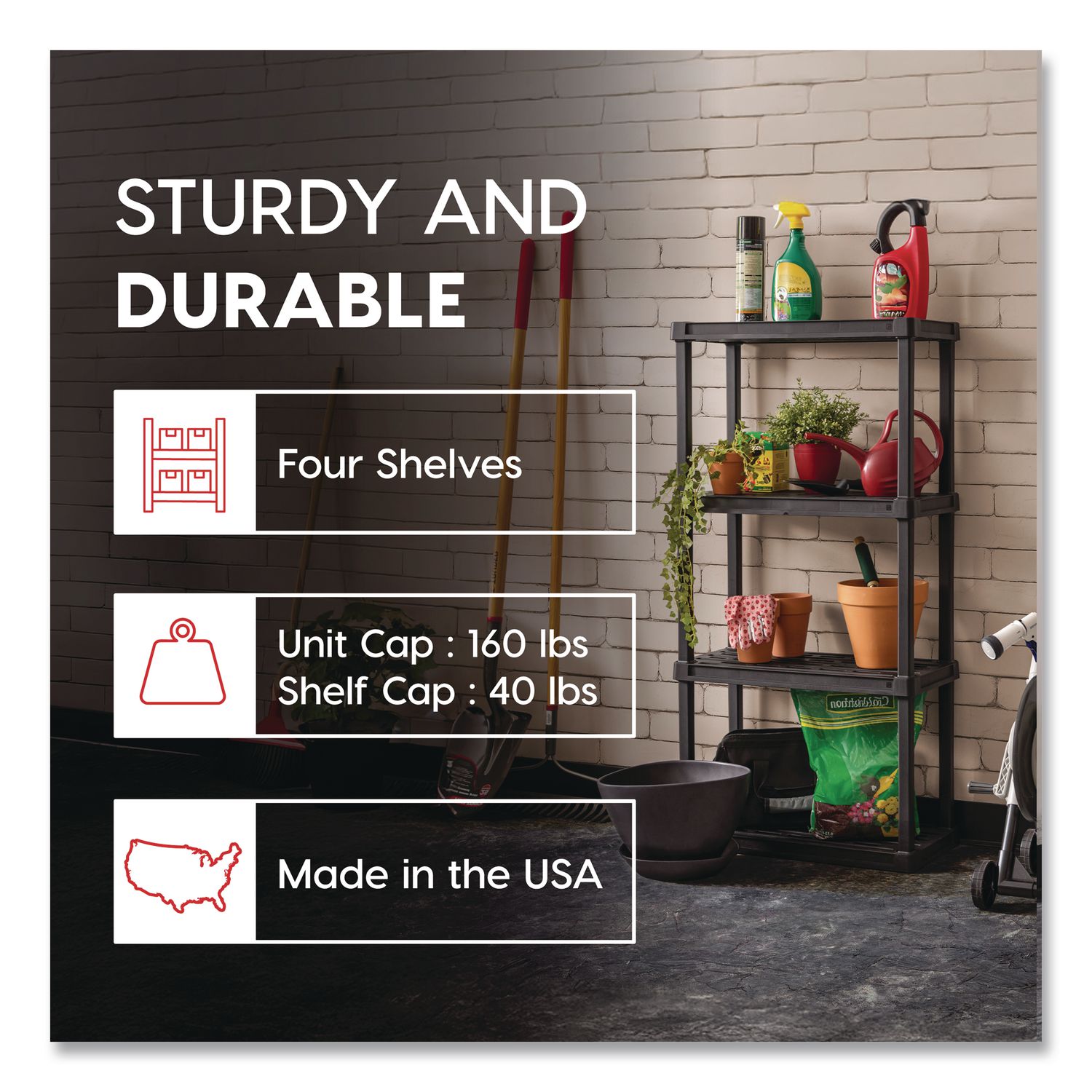 Plastic Shelving Unit, 4 Shelves, 23.9 X 11.8 X 48.3, Black